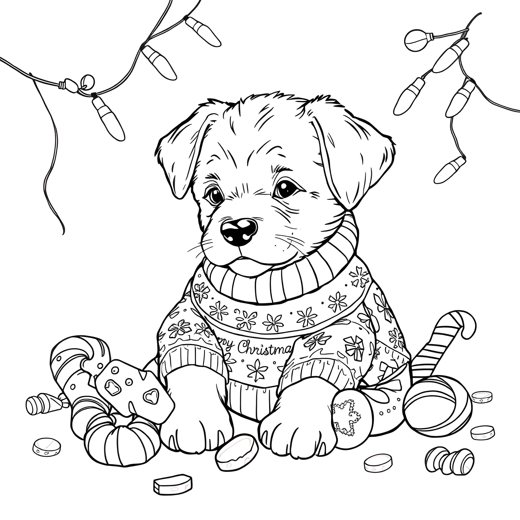 Puppy surrounded by Christmas decorations Coloring Page (free black-and-white line drawing printable PDF for all, from beginners to advanced learners, including children, teens, adults, and seniors)