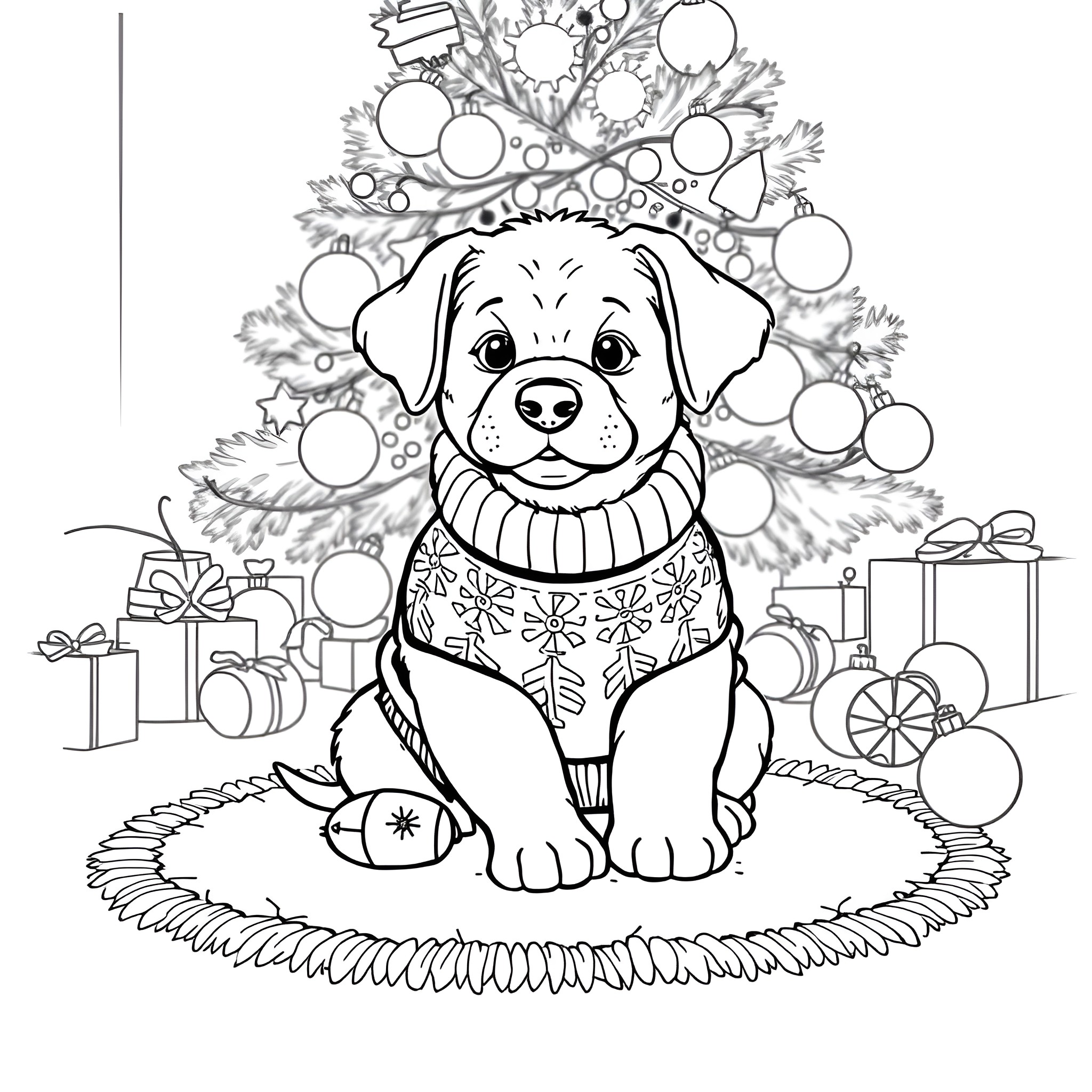 Puppy sitting in front of Christmas tree Coloring Page (free black-and-white line drawing printable PDF for all, from beginners to advanced learners, including children, teens, adults, and seniors)