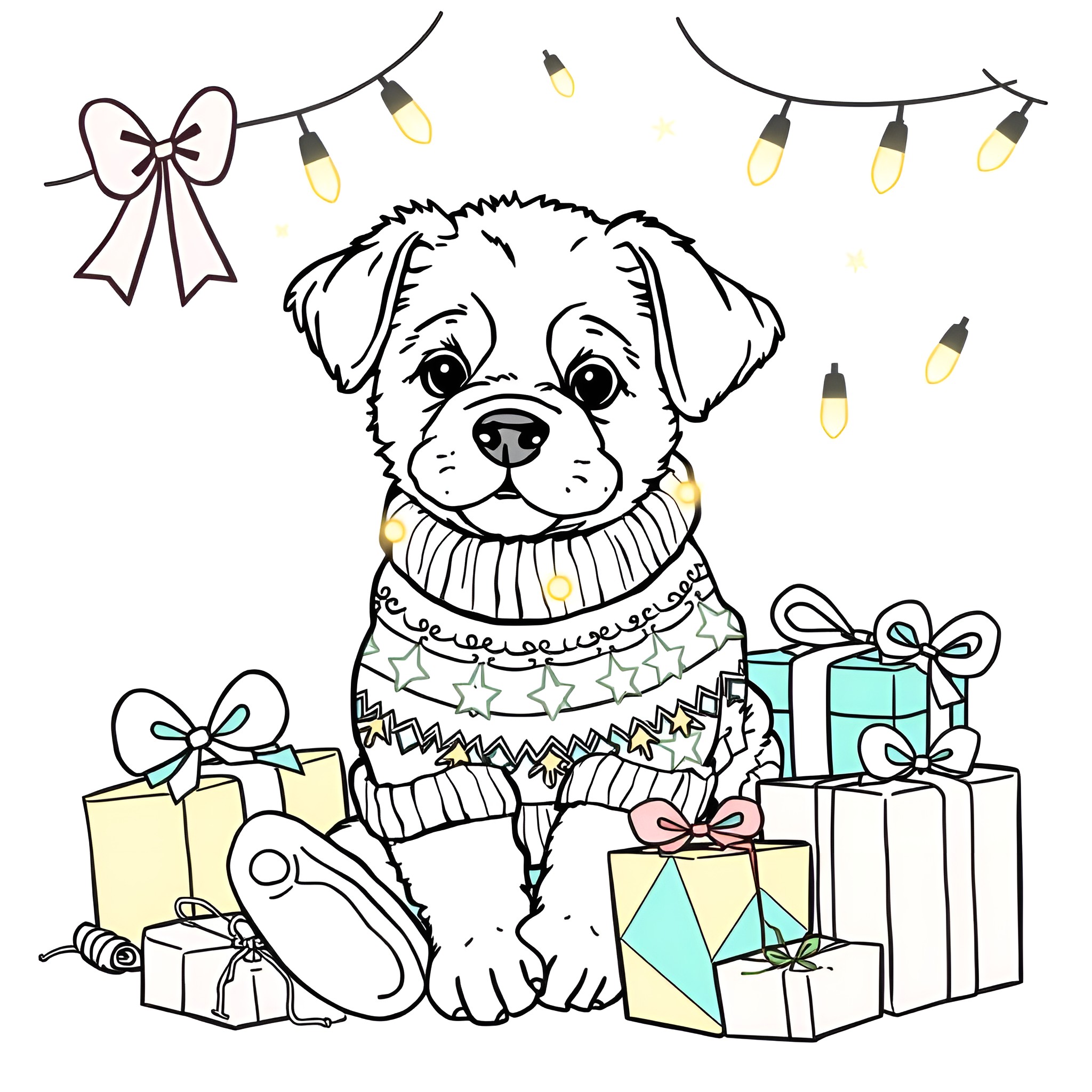Puppy Surrounded by Gifts and Holiday Lights Coloring Page (free black-and-white line drawing printable PDF for all, from beginners to advanced learners, including children, teens, adults, and seniors)