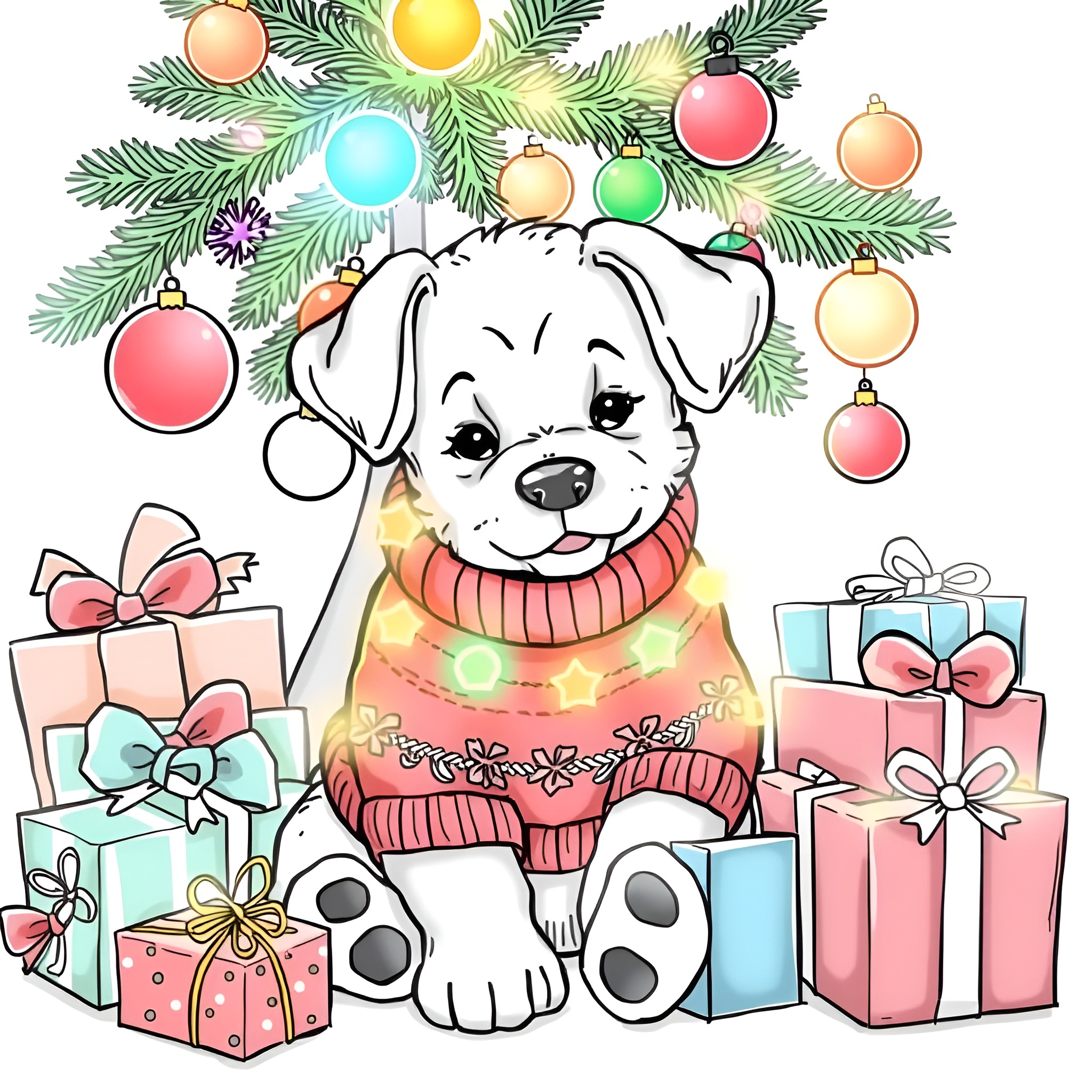 Puppy enjoying Christmas tree and gifts Coloring Page (free black-and-white line drawing printable PDF for all, from beginners to advanced learners, including children, teens, adults, and seniors)