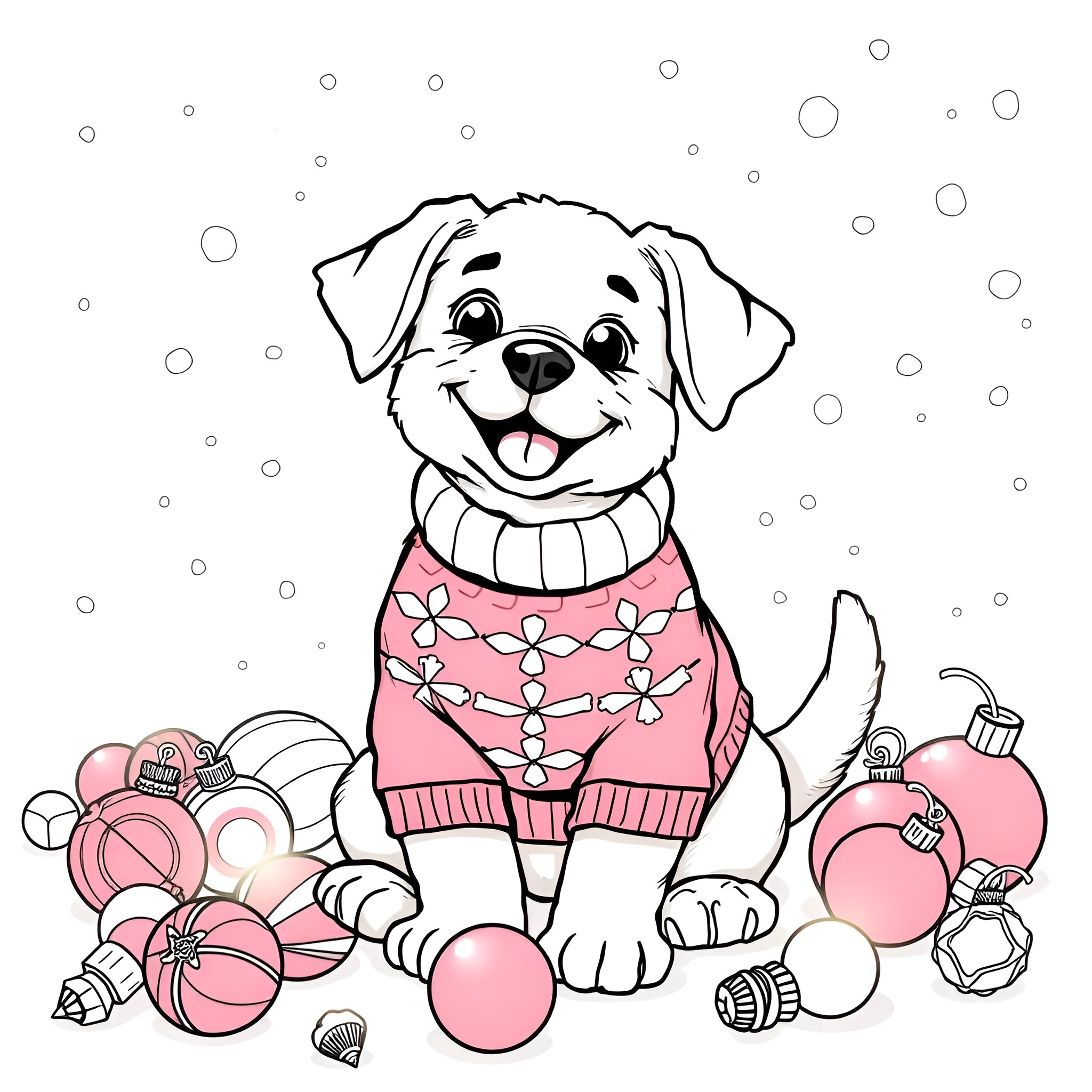Puppy playing with holiday ornaments and gifts Coloring Page (free black-and-white line drawing printable PDF for all, from beginners to advanced learners, including children, teens, adults, and seniors)