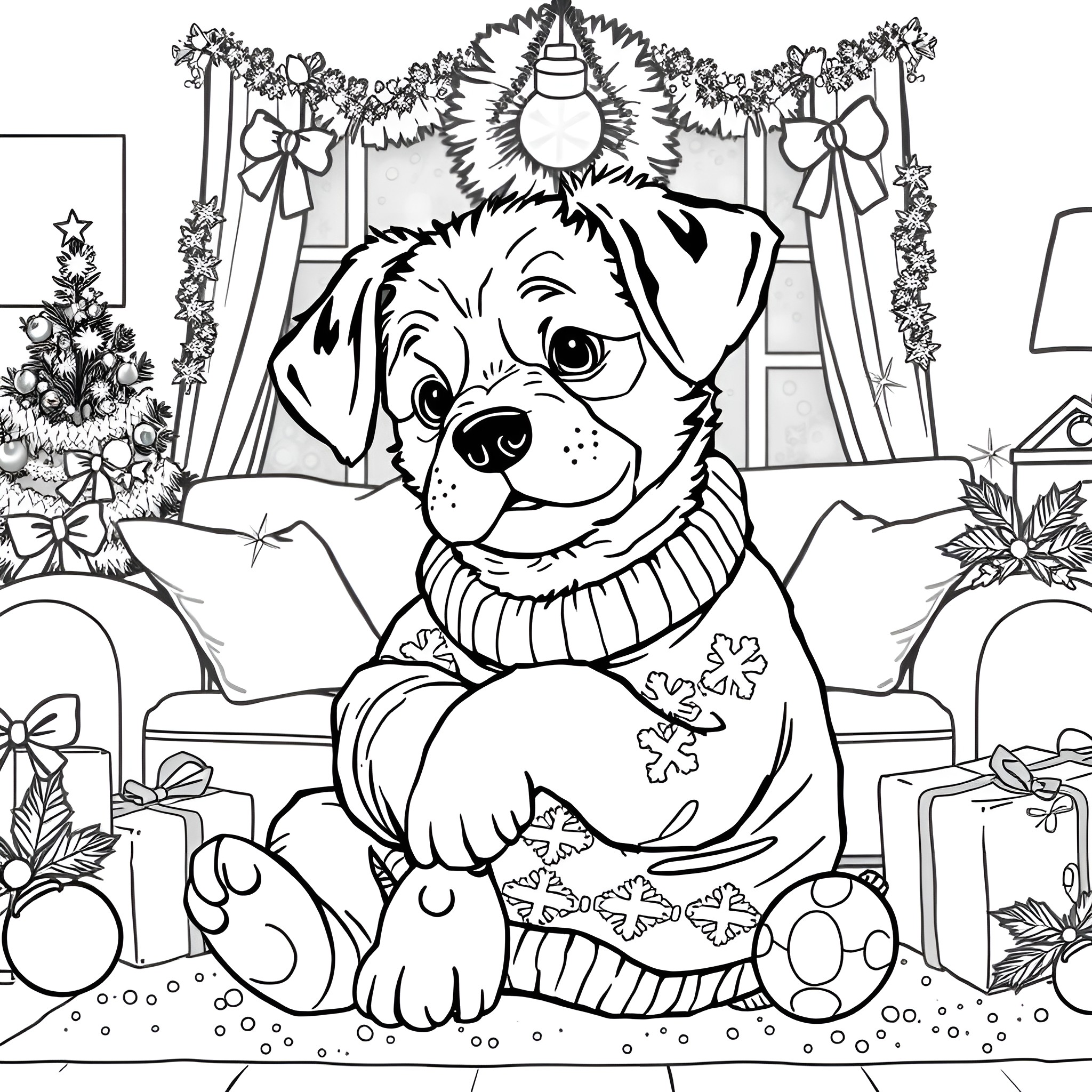Puppy celebrating New Year in festive holiday setting Coloring Page (free black-and-white line drawing printable PDF for all, from beginners to advanced learners, including children, teens, adults, and seniors)
