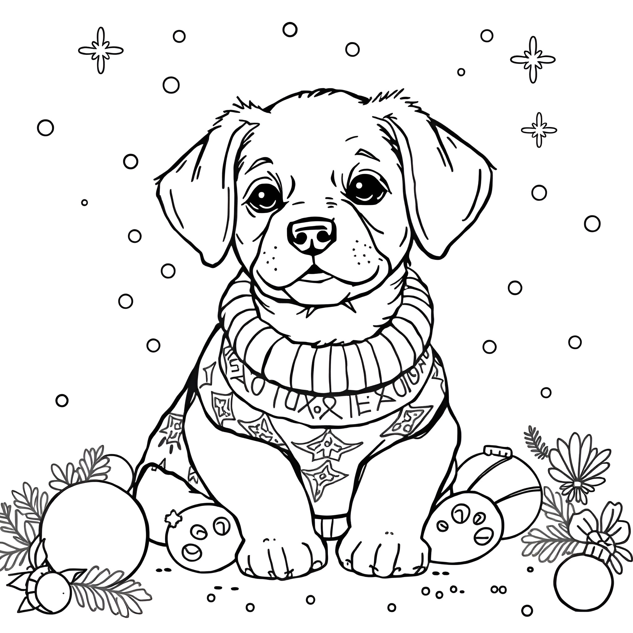 Puppy in cozy winter outfit surrounded by snowflakes Coloring Page (free black-and-white line drawing printable PDF for all, from beginners to advanced learners, including children, teens, adults, and seniors)