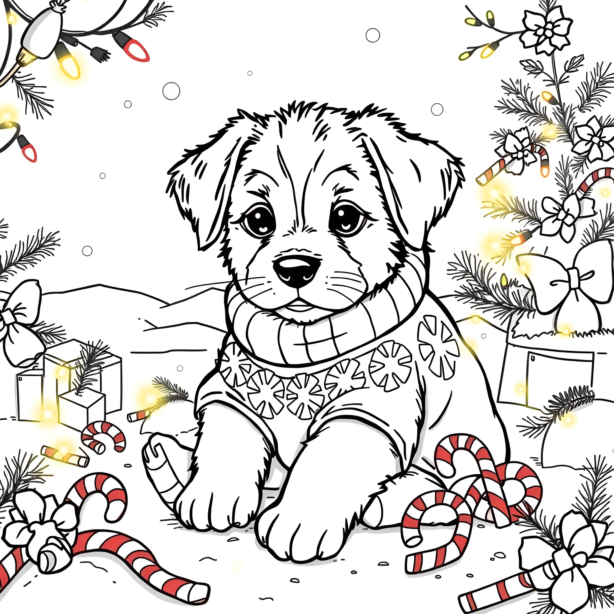 Puppy celebrating Christmas with festive decorations Coloring Page (free black-and-white line drawing printable PDF for all, from beginners to advanced learners, including children, teens, adults, and seniors)
