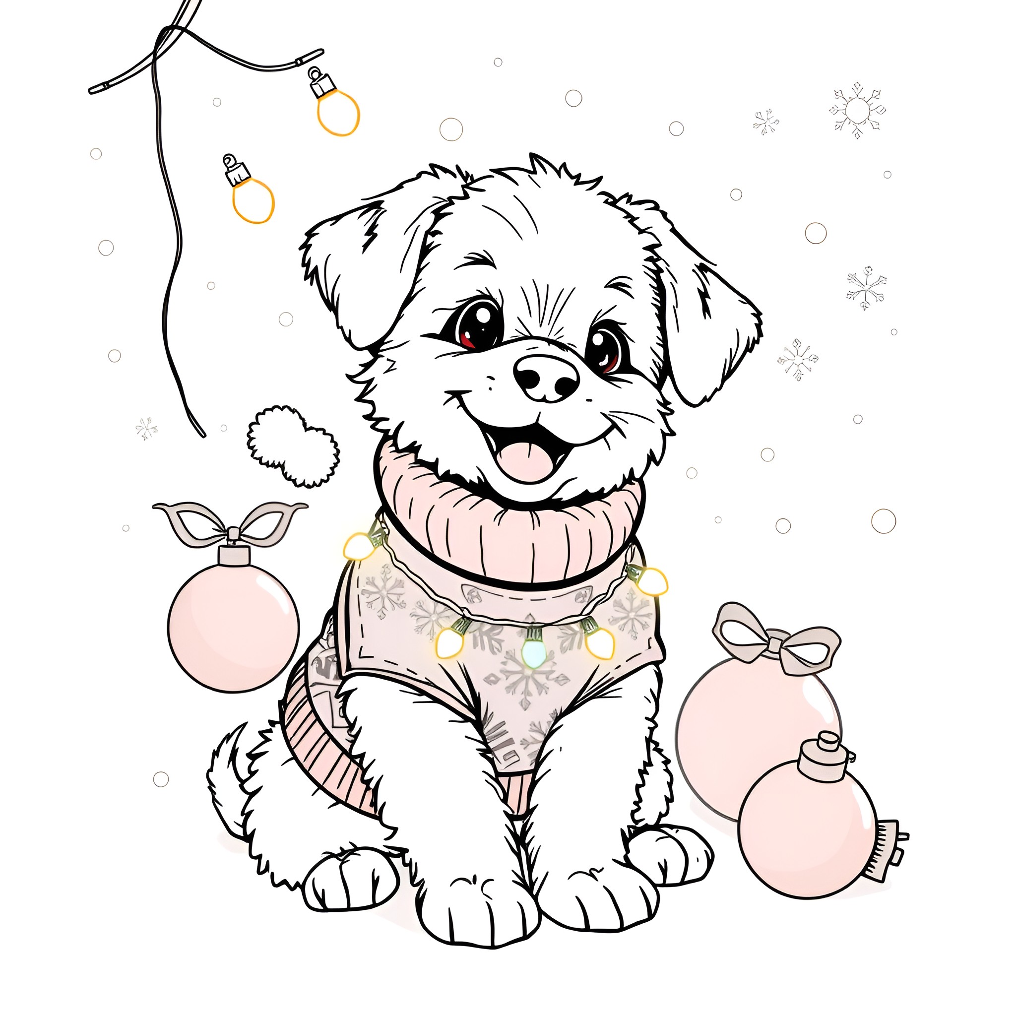 Puppy Enjoying Festive Lights and Ornaments Coloring Page (free black-and-white line drawing printable PDF for all, from beginners to advanced learners, including children, teens, adults, and seniors)