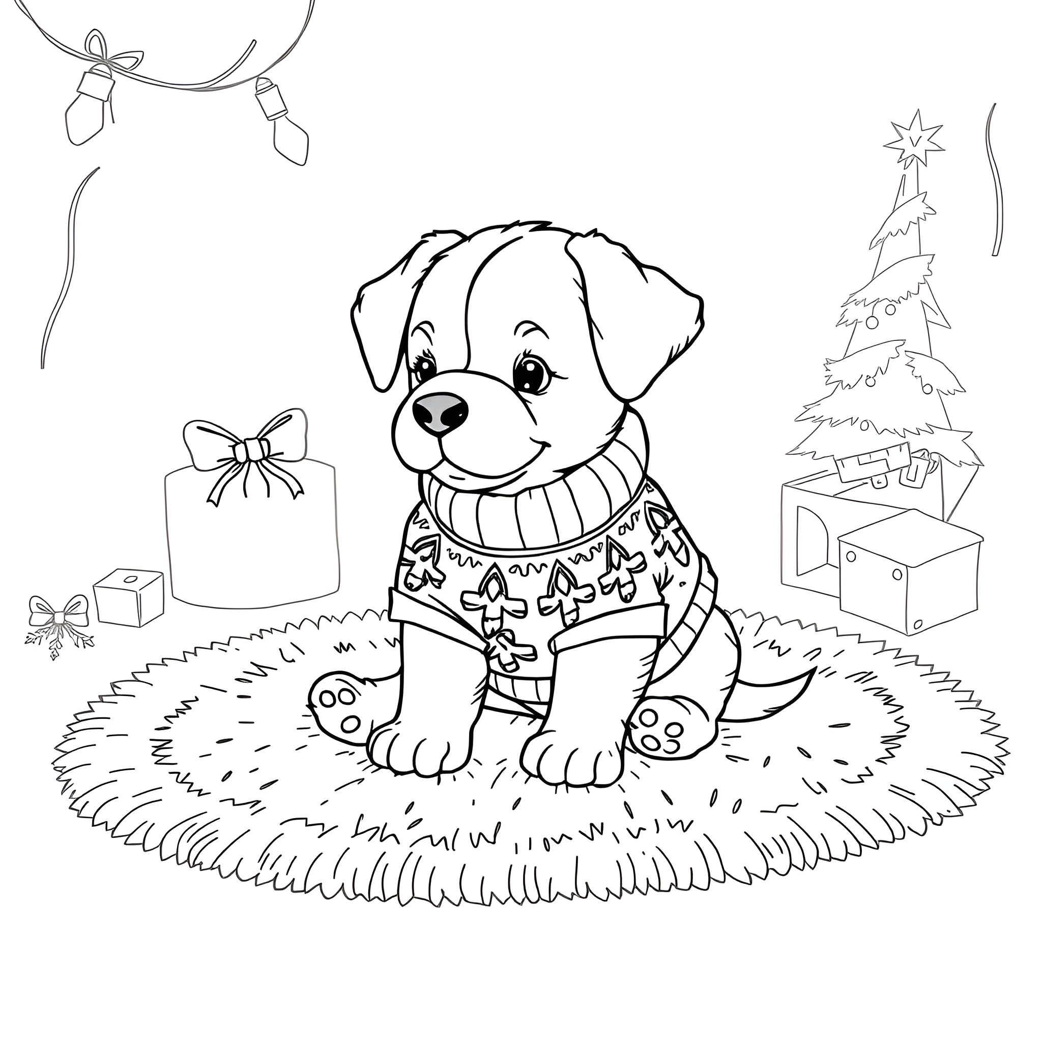 Puppy playing with Christmas gifts and decorations Coloring Page (free black-and-white line drawing printable PDF for all, from beginners to advanced learners, including children, teens, adults, and seniors)