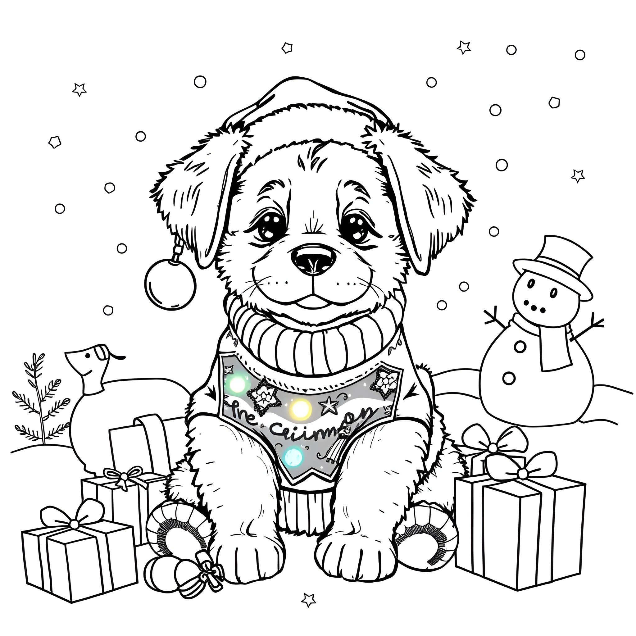 Puppy enjoying the winter with gifts and snowman Coloring Page (free black-and-white line drawing printable PDF for all, from beginners to advanced learners, including children, teens, adults, and seniors)