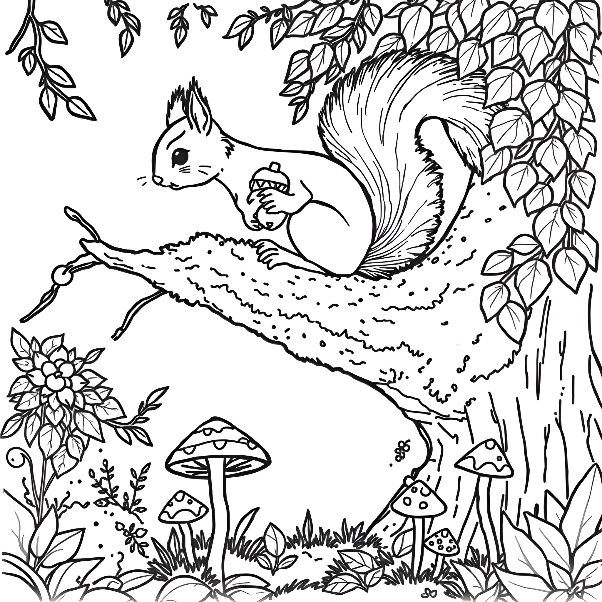 Squirrel playing in a lush forest Coloring Page (free black-and-white line drawing printable PDF for all, from beginners to advanced learners, including children, teens, adults, and seniors)