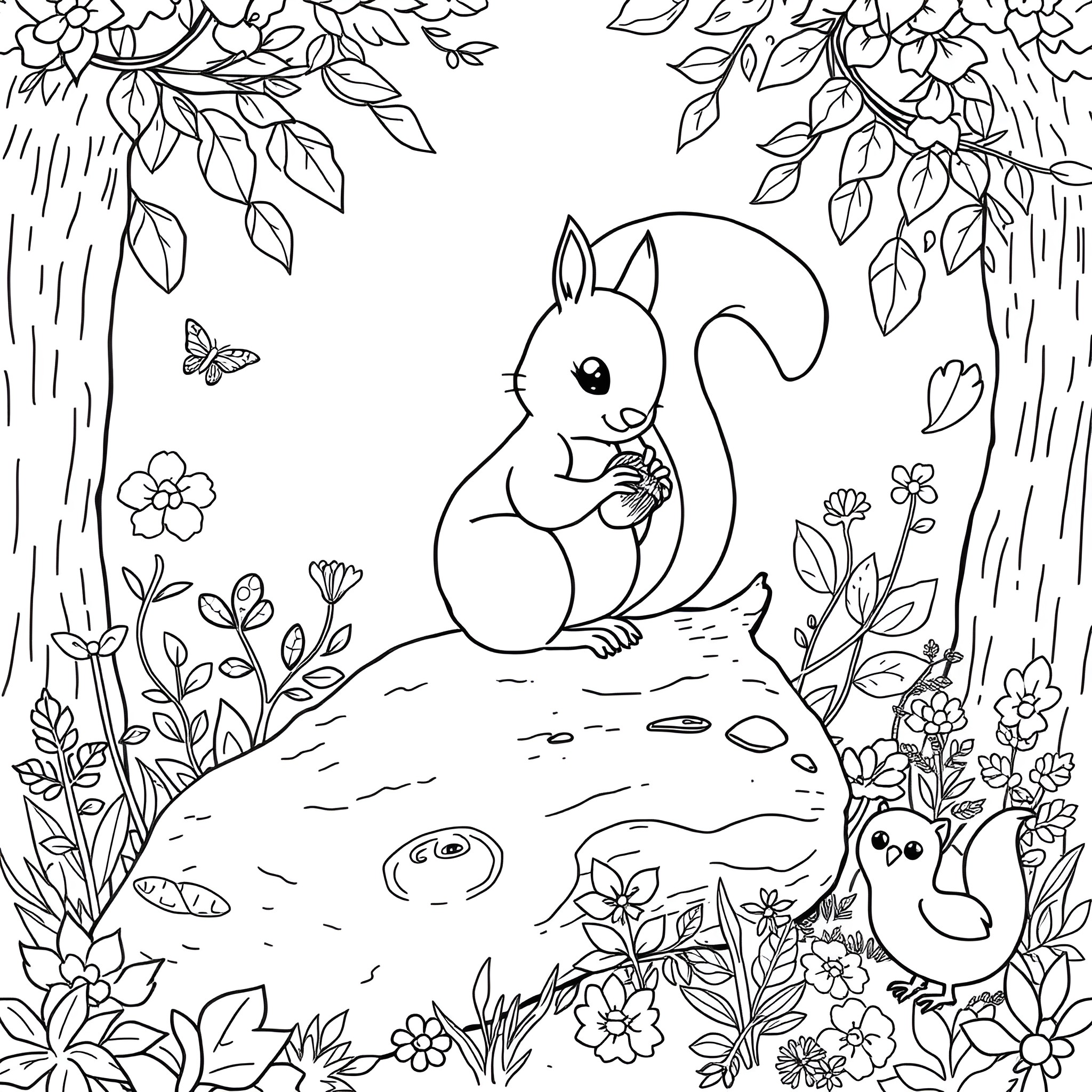 Squirrel enjoying flowers and butterflies in the forest Coloring Page (free black-and-white line drawing printable PDF for all, from beginners to advanced learners, including children, teens, adults, and seniors)