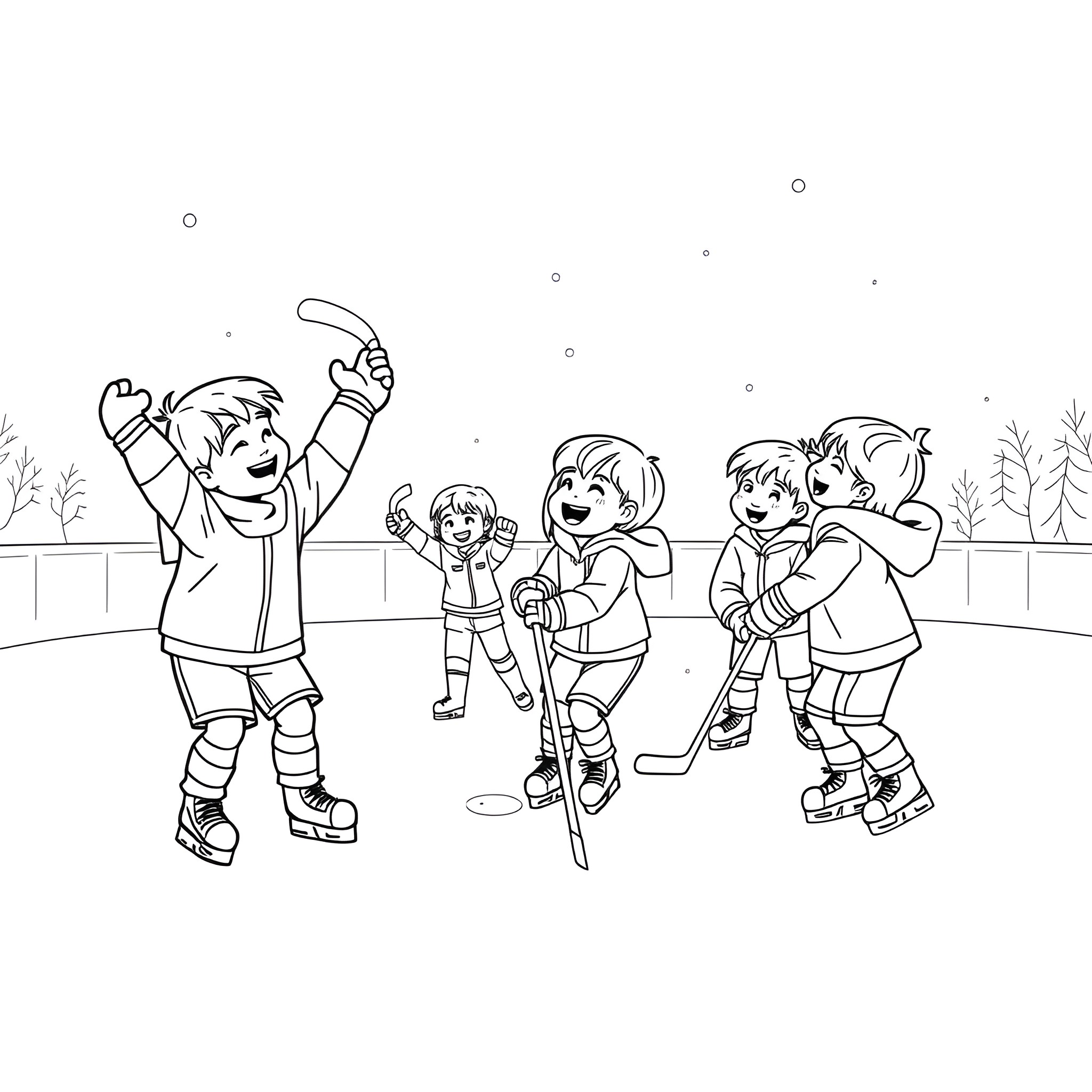 Kids playing happily in the snow Coloring Page (free black-and-white line drawing printable PDF for all, from beginners to advanced learners, including children, teens, adults, and seniors)