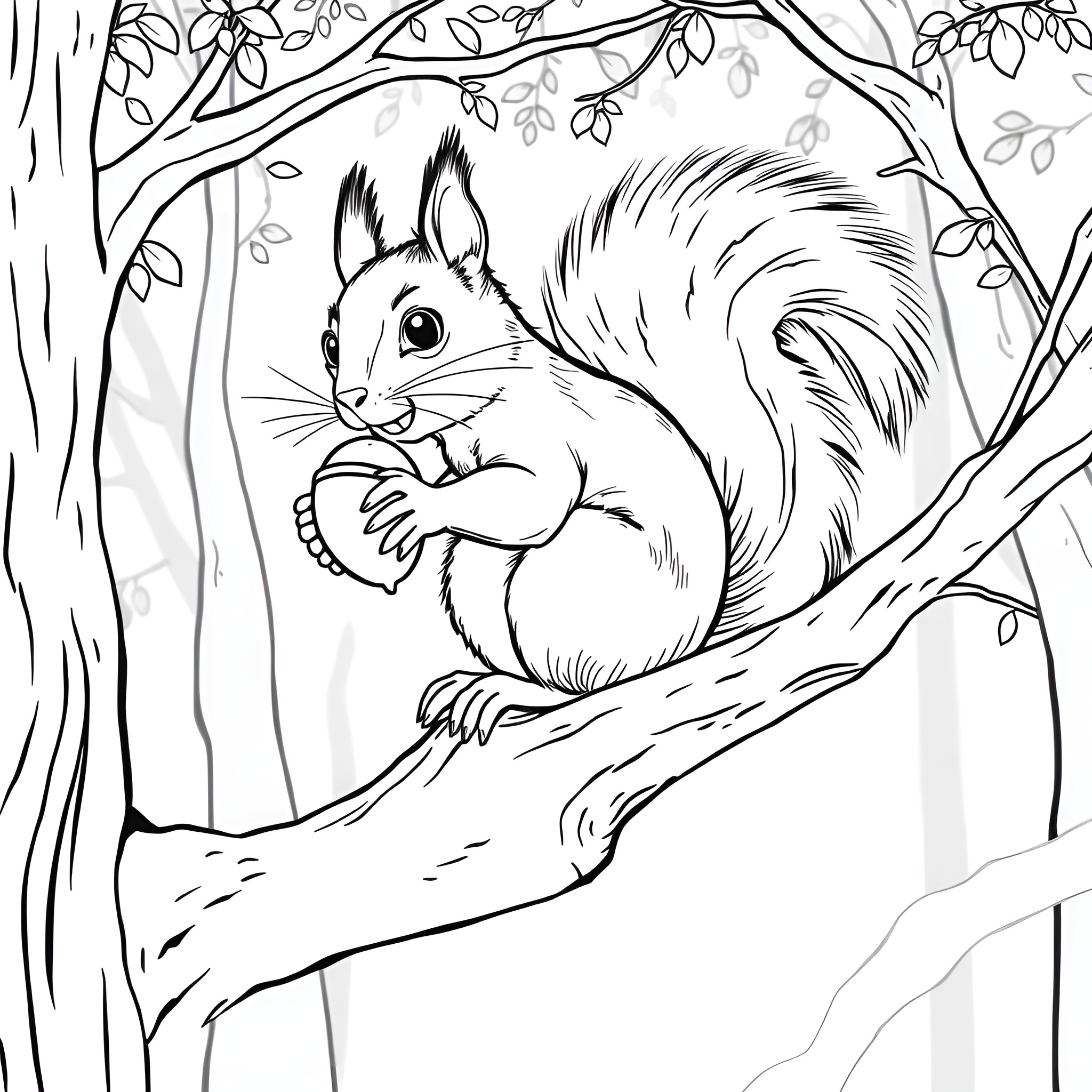 Squirrel Gathering Nuts in the Woodland Coloring Page (free black-and-white line drawing printable PDF for all, from beginners to advanced learners, including children, teens, adults, and seniors)