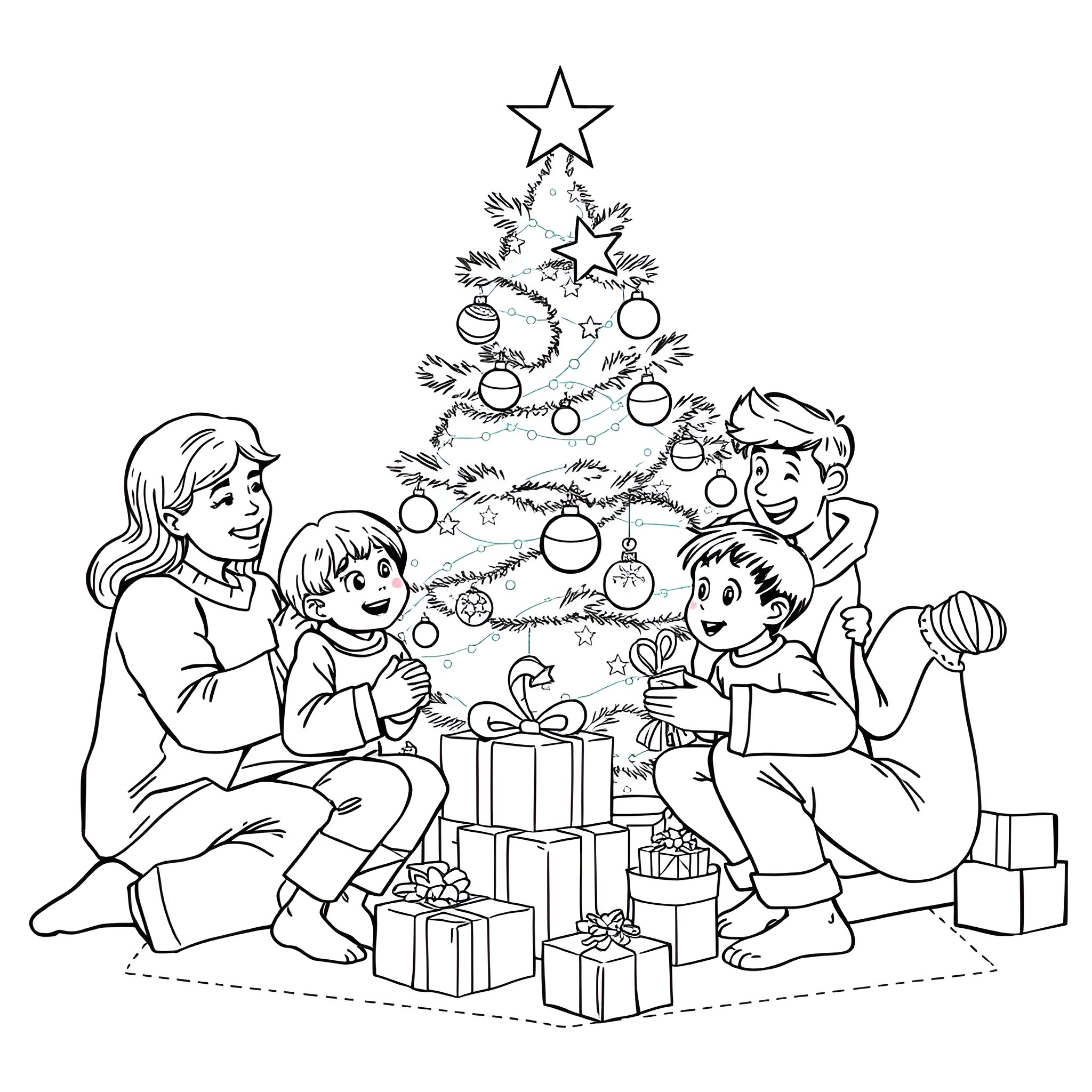 Family gathered around Christmas tree with gifts Coloring Page (free black-and-white line drawing printable PDF for all, from beginners to advanced learners, including children, teens, adults, and seniors)