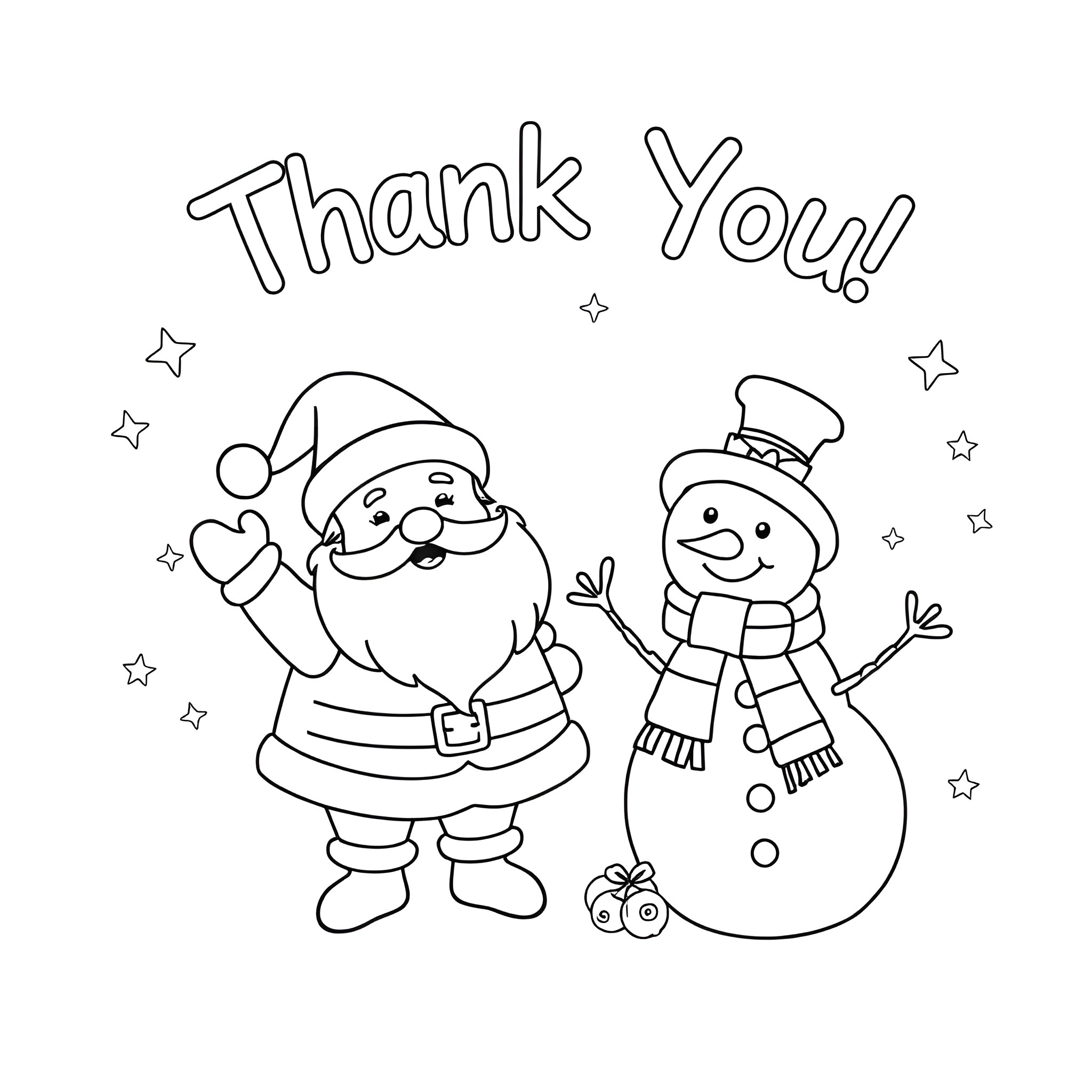 Santa and Snowman Celebrate with Thank You Coloring Page (free black-and-white line drawing printable PDF for all, from beginners to advanced learners, including children, teens, adults, and seniors)