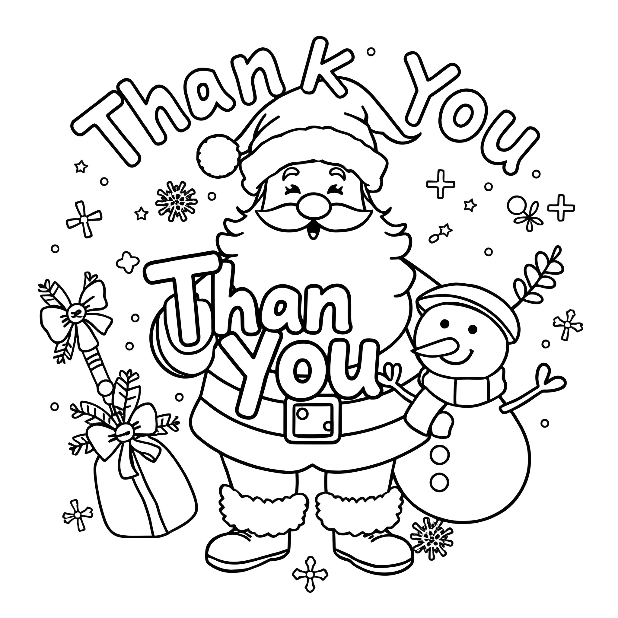 Santa Claus Saying Thank You with Snowman Coloring Page (free black-and-white line drawing printable PDF for all, from beginners to advanced learners, including children, teens, adults, and seniors)