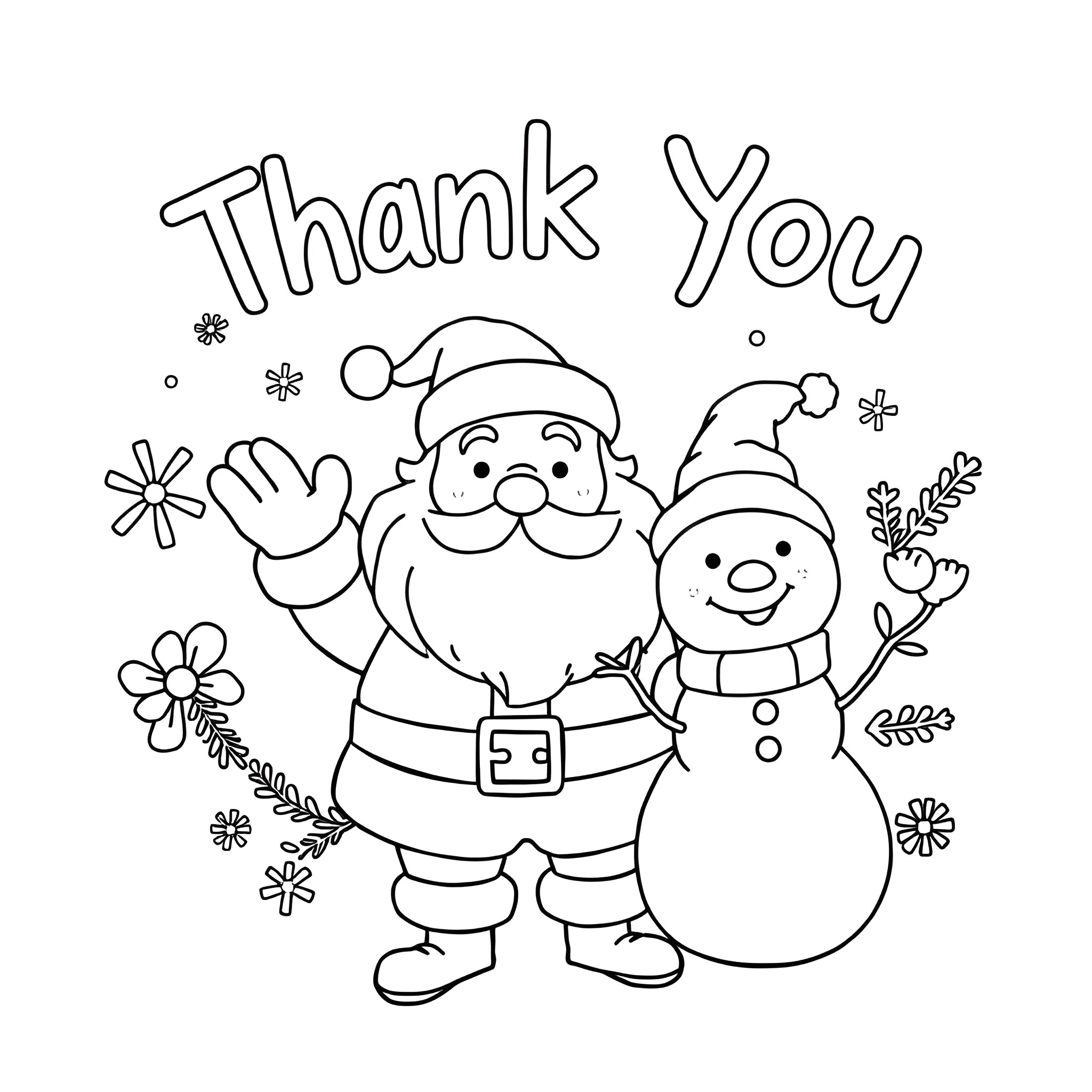 Santa and Snowman waving with 'Thank You' text Coloring Page (free black-and-white line drawing printable PDF for all, from beginners to advanced learners, including children, teens, adults, and seniors)
