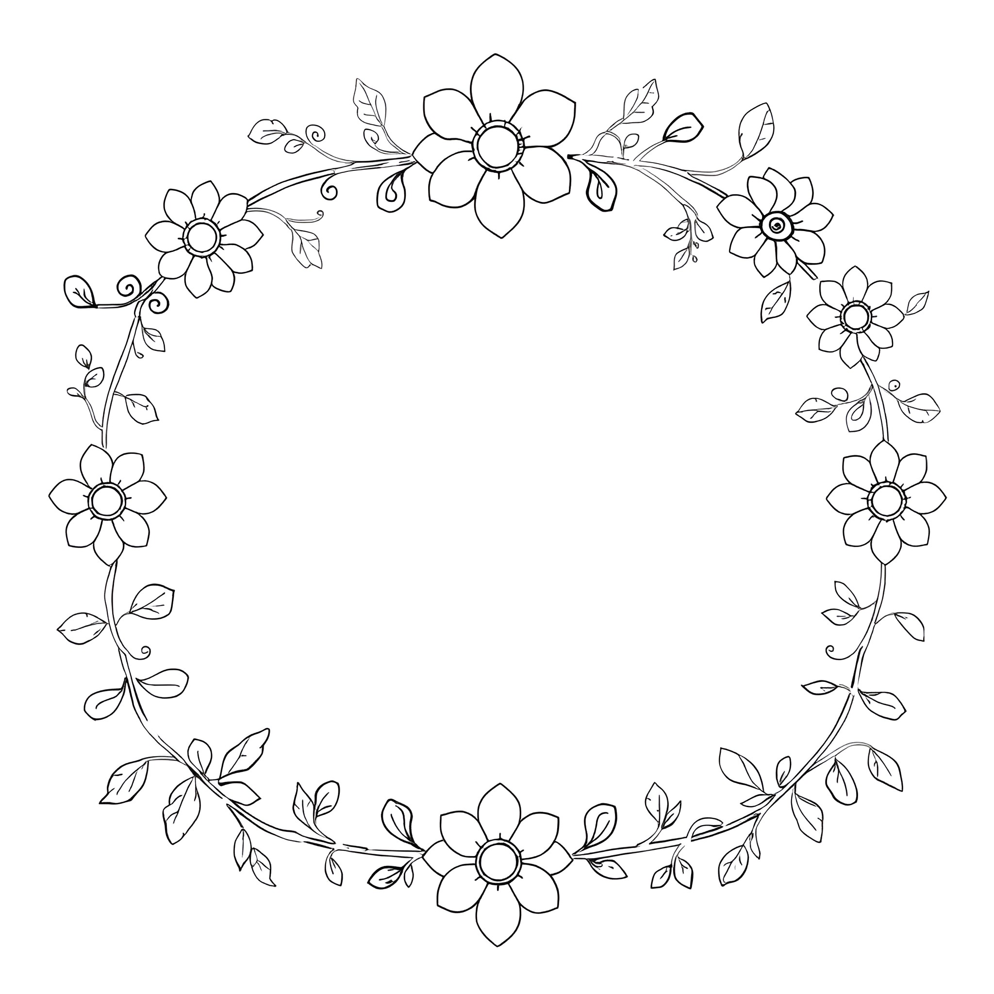 Frame of Floral Wreath with Flowers Coloring Page (free black-and-white line drawing printable PDF for all, from beginners to advanced learners, including children, teens, adults, and seniors)