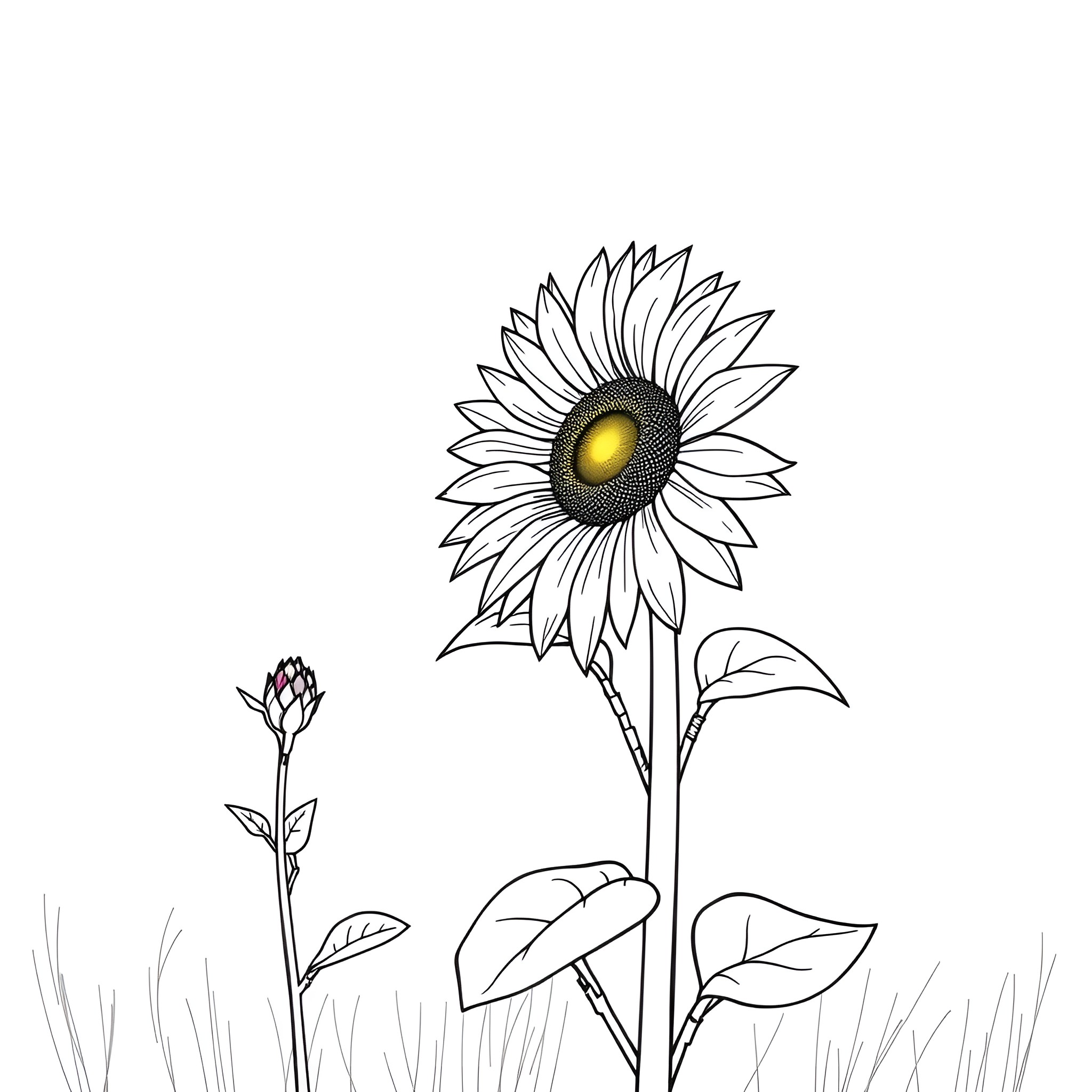 Sunflower in the field Coloring Page (free black-and-white line drawing printable PDF for all, from beginners to advanced learners, including children, teens, adults, and seniors)