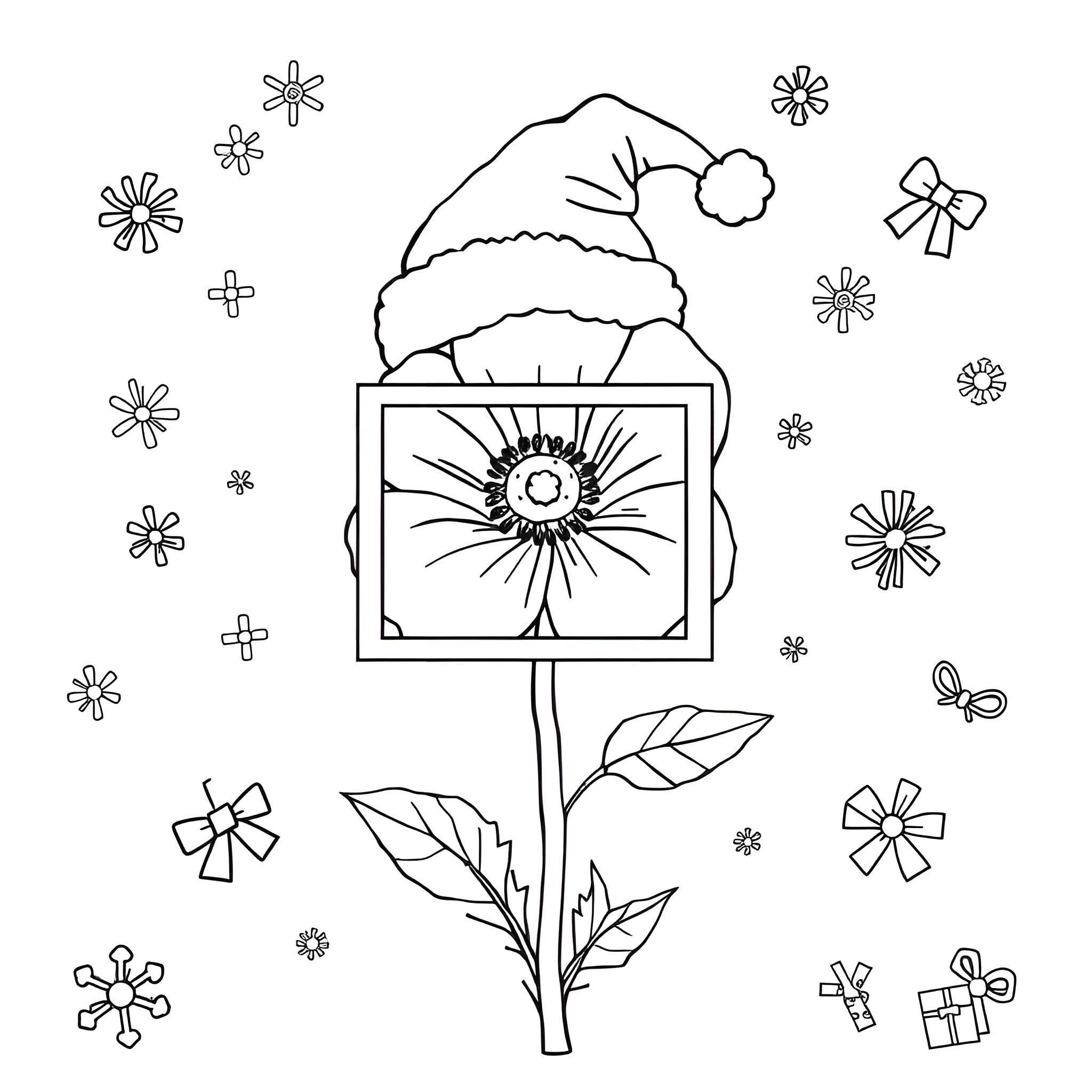 Poppy flower with holiday hat and snowflakes Coloring Page (free black-and-white line drawing printable PDF for all, from beginners to advanced learners, including children, teens, adults, and seniors)