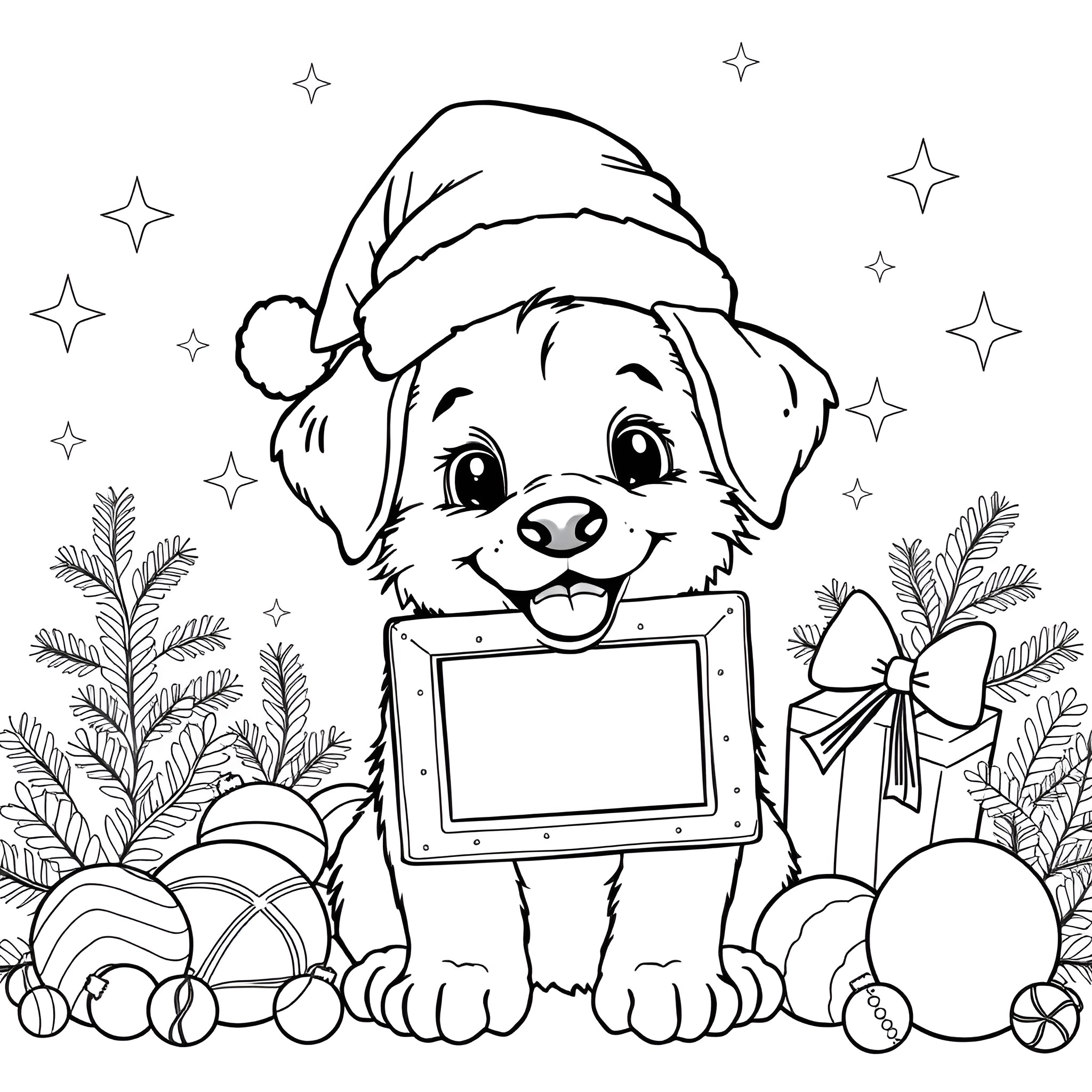 Puppy holding a blank frame in a wintery scene Coloring Page (free black-and-white line drawing printable PDF for all, from beginners to advanced learners, including children, teens, adults, and seniors)