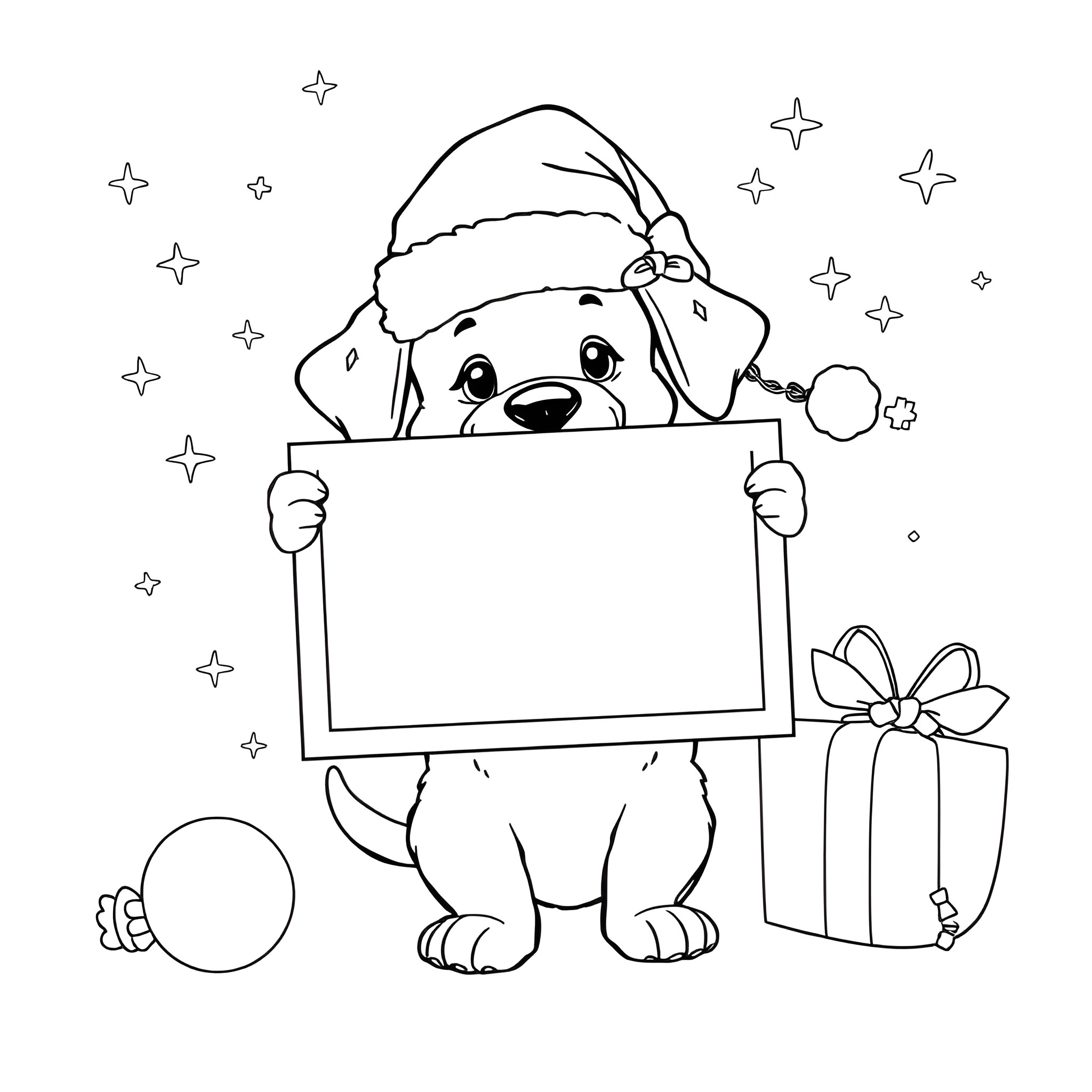 Puppy holding a blank sign in a winter scene Coloring Page (free black-and-white line drawing printable PDF for all, from beginners to advanced learners, including children, teens, adults, and seniors)