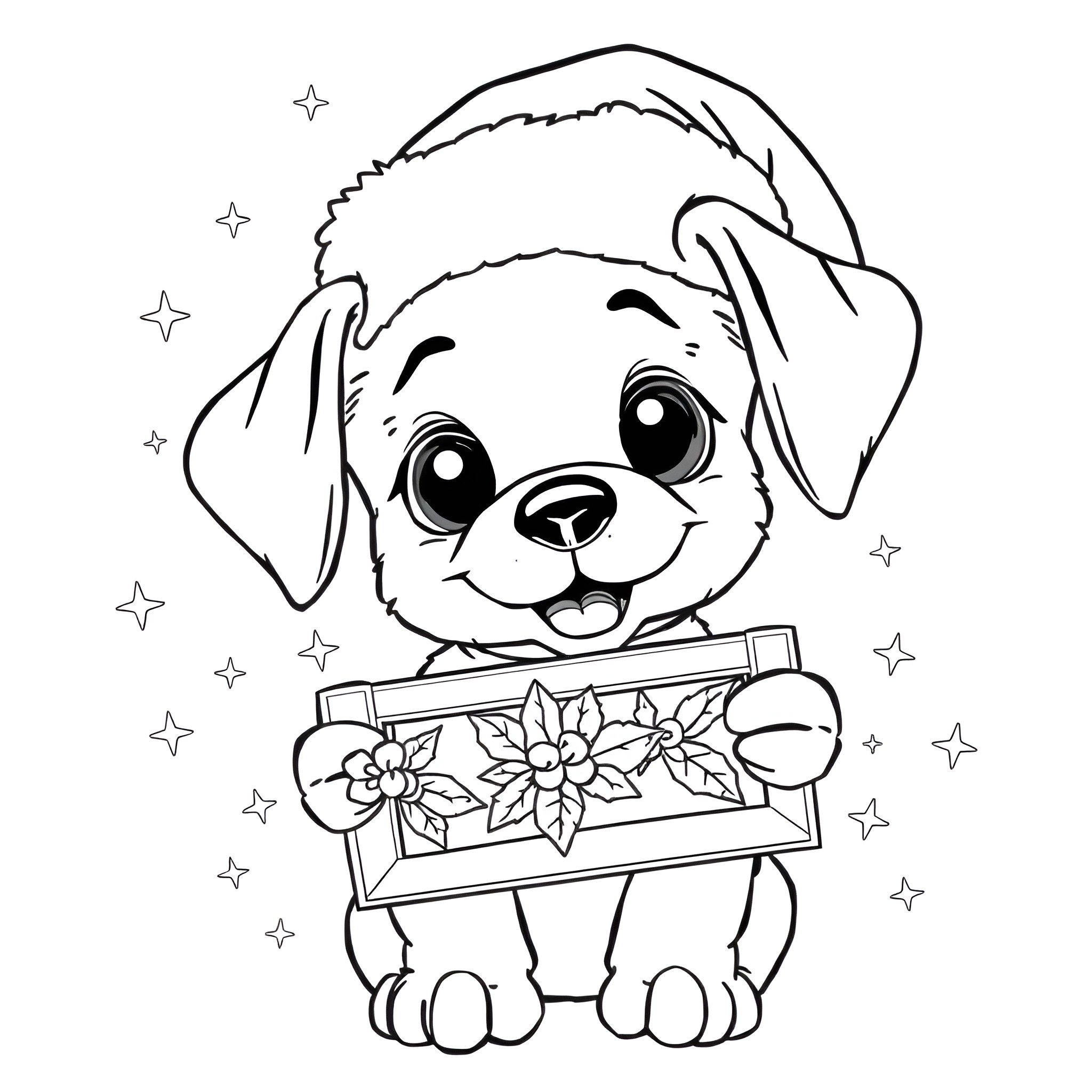 Puppy holding a decorated box Coloring Page (free black-and-white line drawing printable PDF for all, from beginners to advanced learners, including children, teens, adults, and seniors)