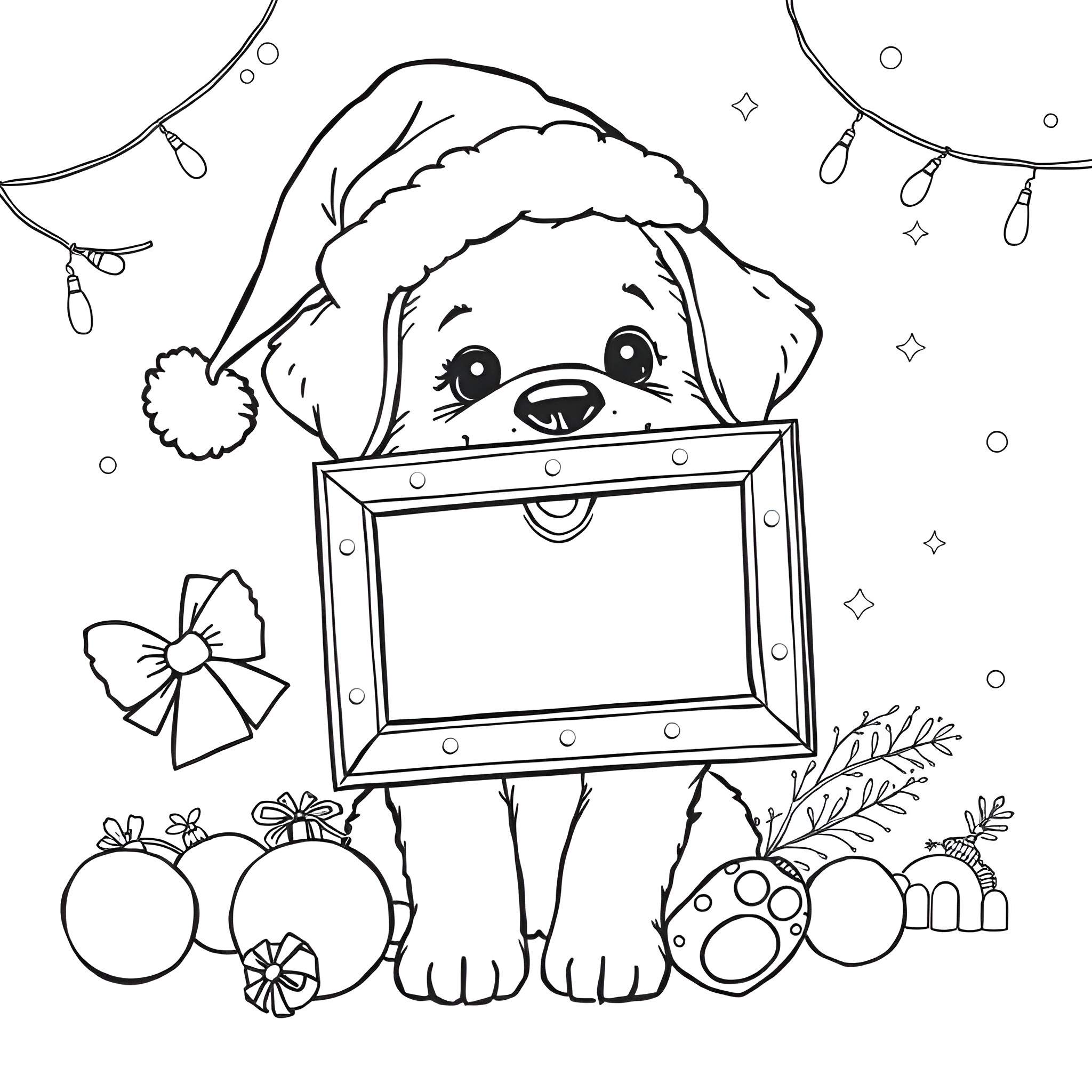 Puppy holding a picture frame with holiday decorations Coloring Page (free black-and-white line drawing printable PDF for all, from beginners to advanced learners, including children, teens, adults, and seniors)
