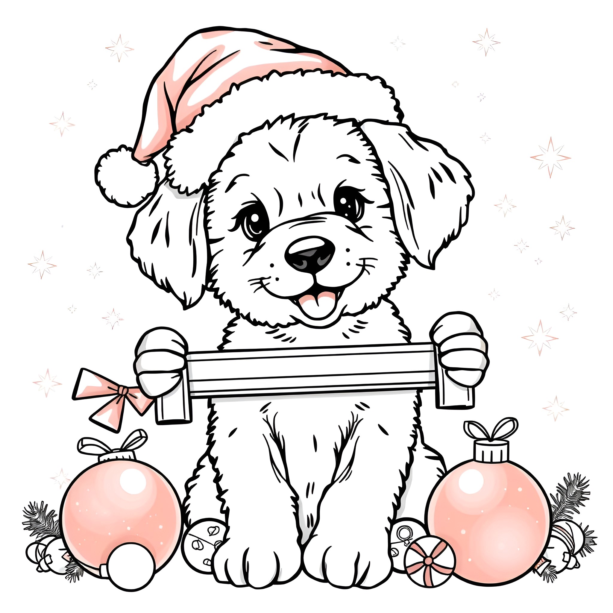 Puppy celebrating Christmas with ornaments Coloring Page (free black-and-white line drawing printable PDF for all, from beginners to advanced learners, including children, teens, adults, and seniors)