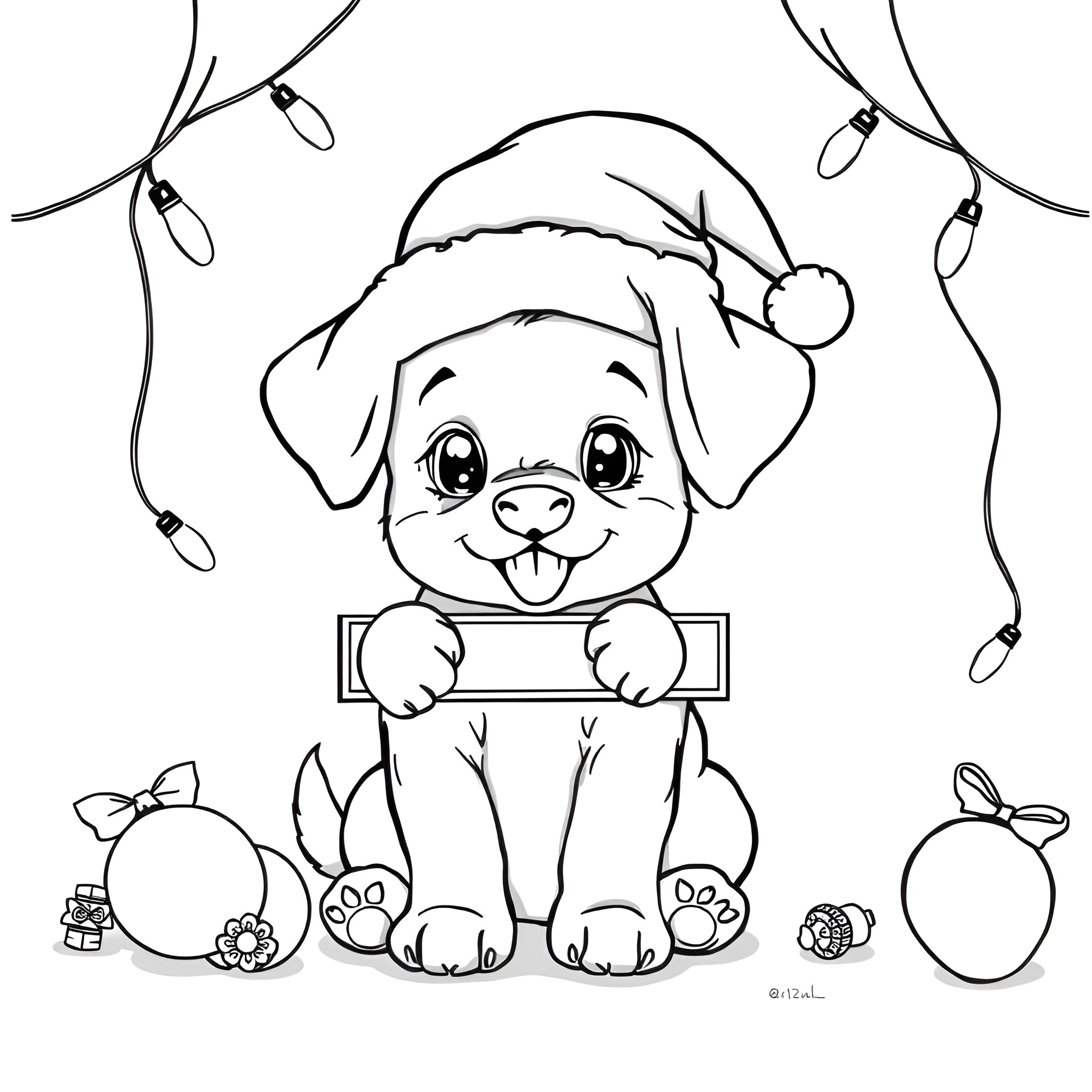 Puppy delighted by Christmas decorations Coloring Page (free black-and-white line drawing printable PDF for all, from beginners to advanced learners, including children, teens, adults, and seniors)
