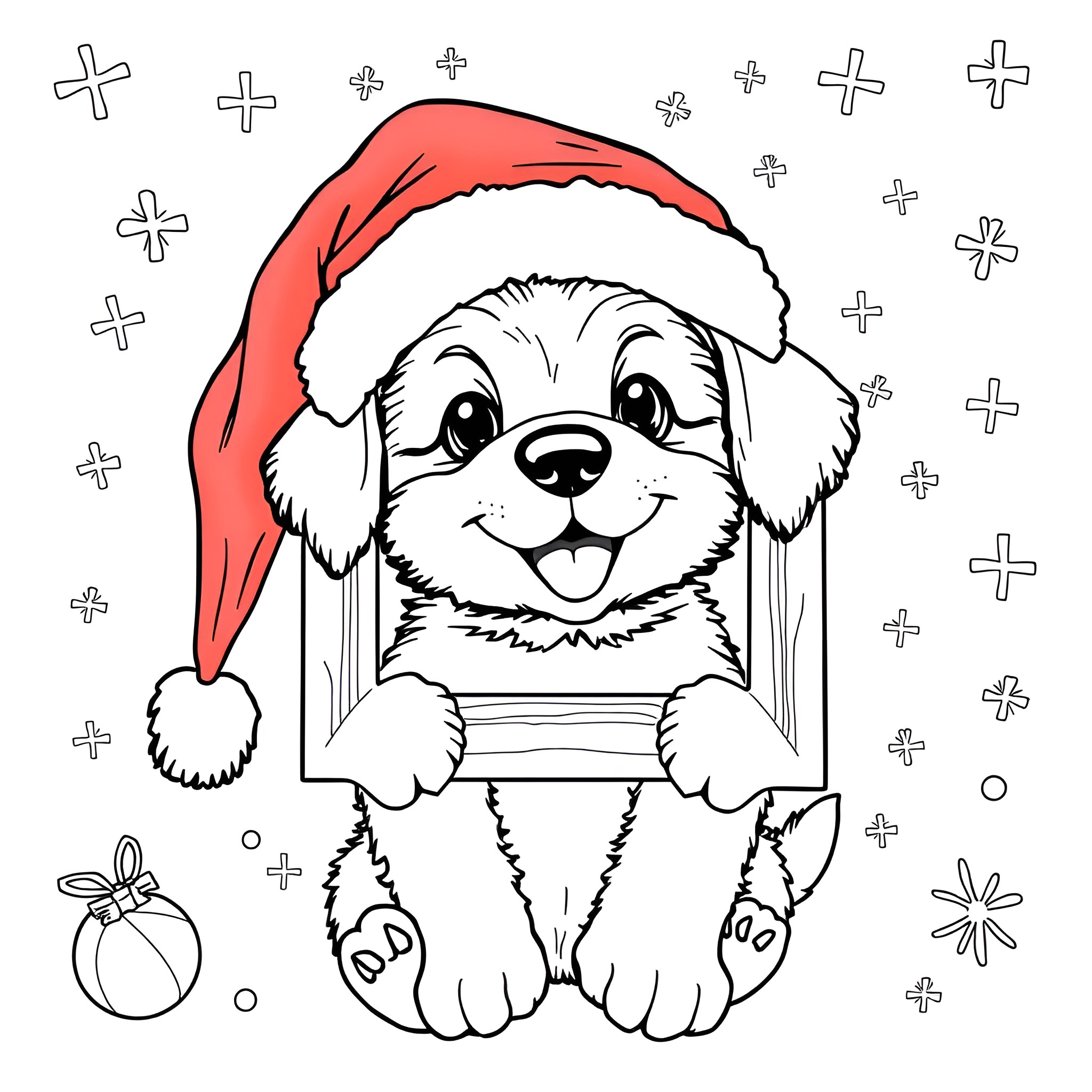 Puppy in a Christmas hat Coloring Page (free black-and-white line drawing printable PDF for all, from beginners to advanced learners, including children, teens, adults, and seniors)