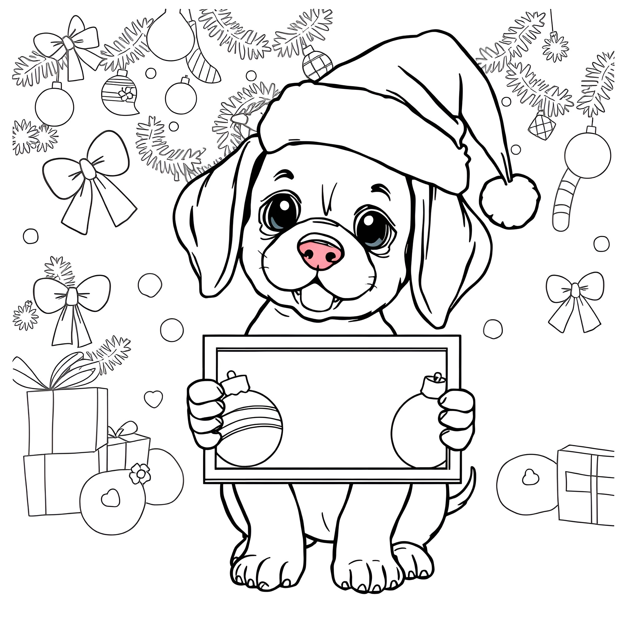 Puppy holding Christmas ornament and gift box Coloring Page (free black-and-white line drawing printable PDF for all, from beginners to advanced learners, including children, teens, adults, and seniors)