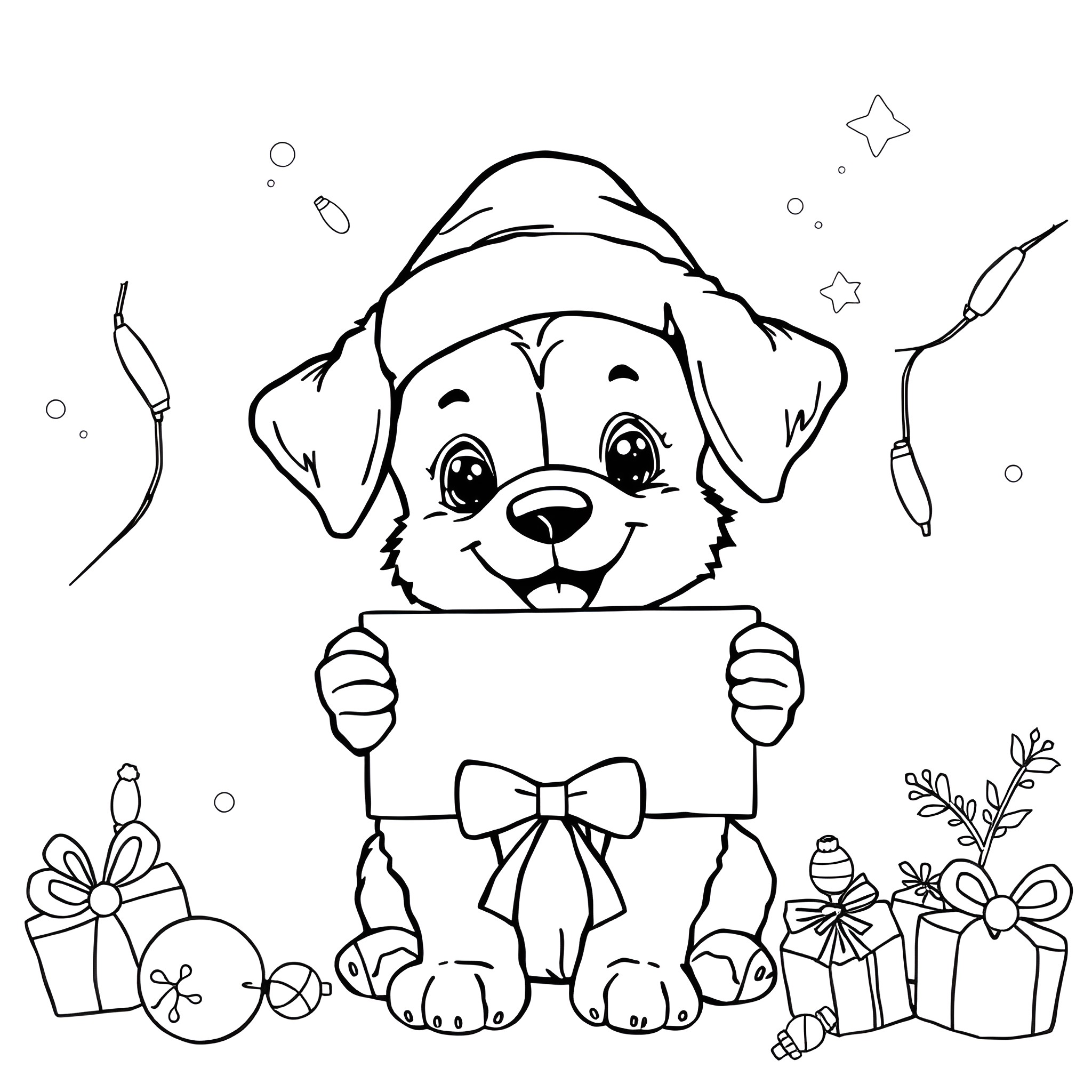 Puppy holding holiday gift box with decorations Coloring Page (free black-and-white line drawing printable PDF for all, from beginners to advanced learners, including children, teens, adults, and seniors)