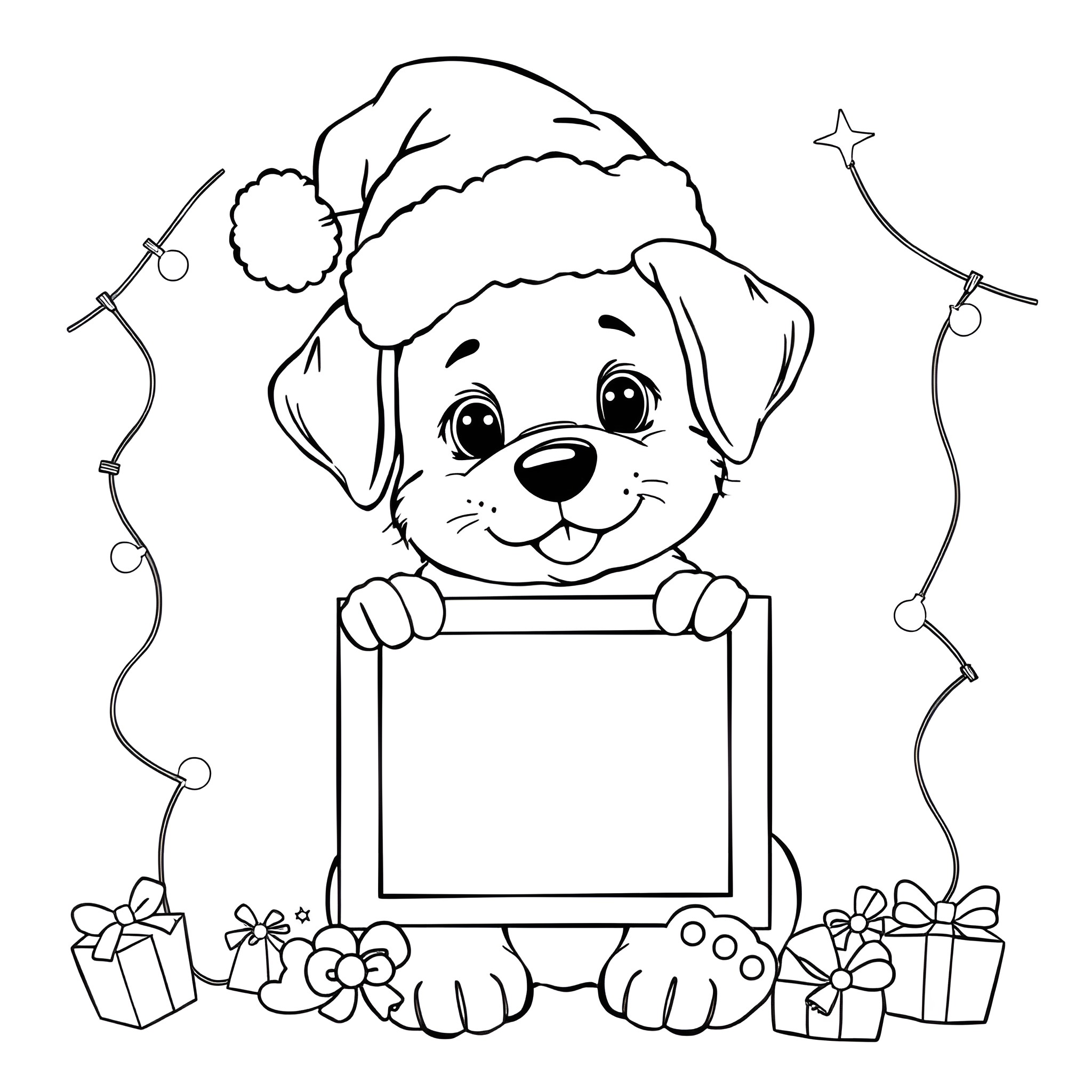 Puppy holding Christmas frame with decorations Coloring Page (free black-and-white line drawing printable PDF for all, from beginners to advanced learners, including children, teens, adults, and seniors)