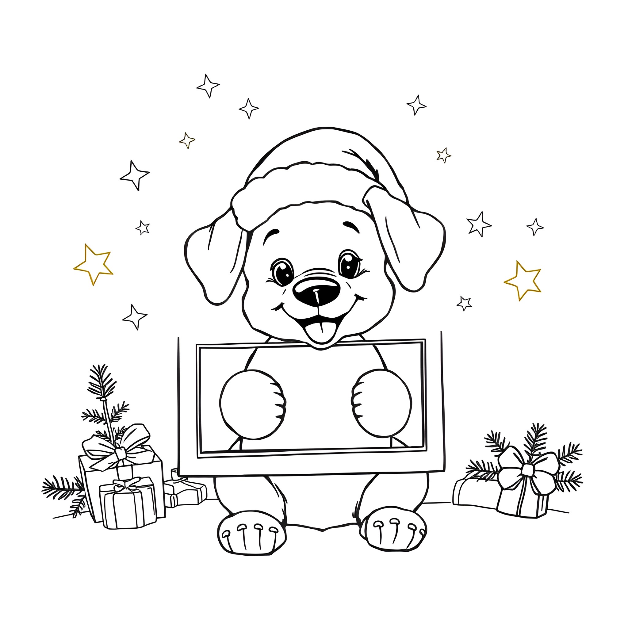 Puppy holding a frame with festive decorations Coloring Page (free black-and-white line drawing printable PDF for all, from beginners to advanced learners, including children, teens, adults, and seniors)