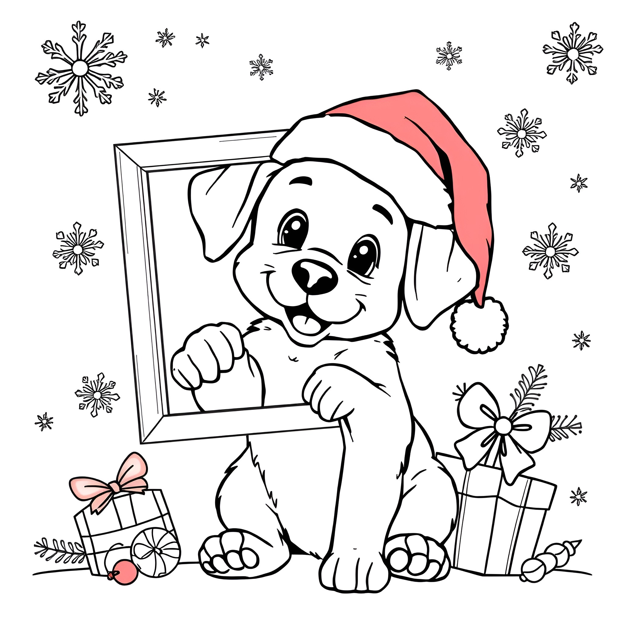 Puppy peeking out from Christmas frame Coloring Page (free black-and-white line drawing printable PDF for all, from beginners to advanced learners, including children, teens, adults, and seniors)