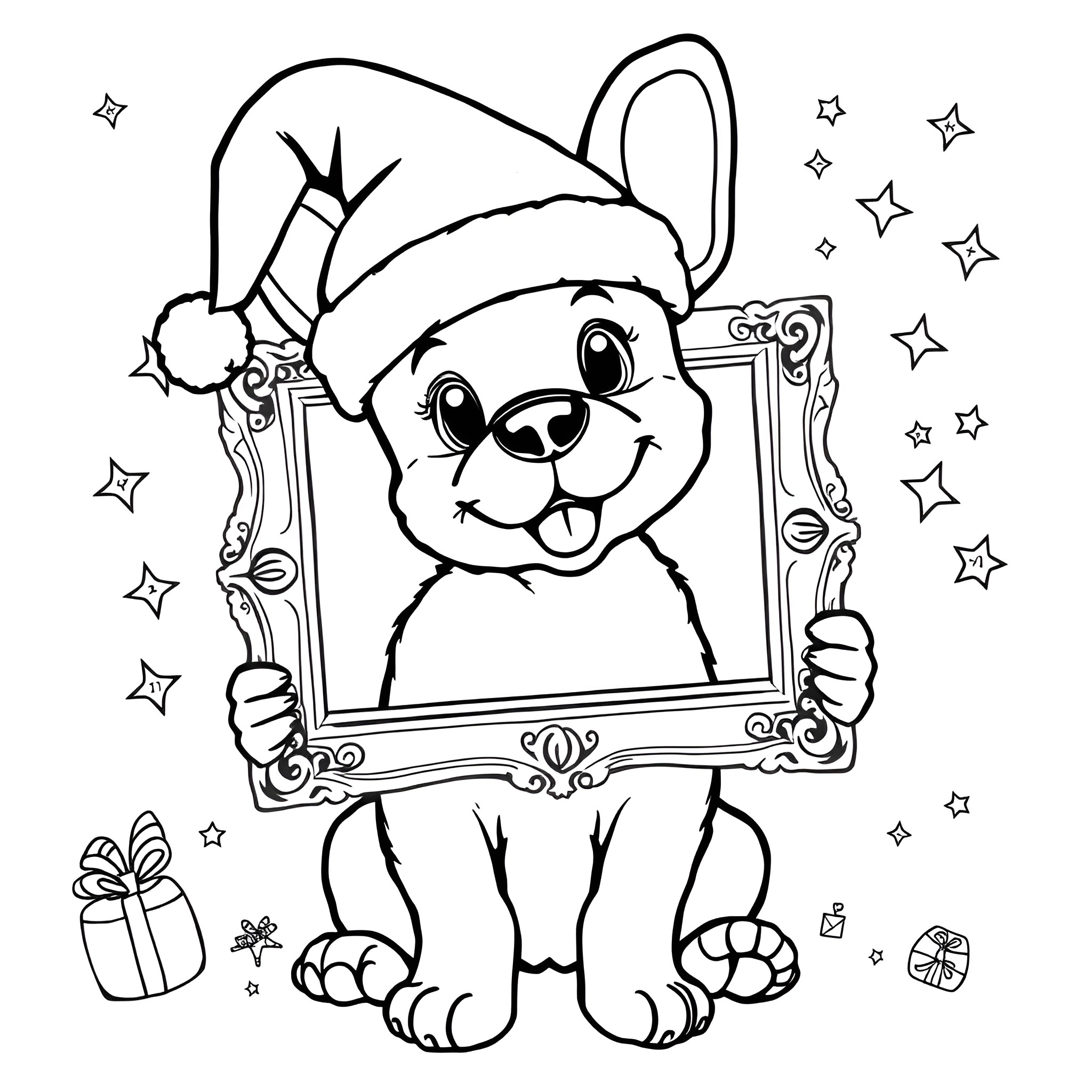 Puppy holding a frame with festive decorations Coloring Page (free black-and-white line drawing printable PDF for all, from beginners to advanced learners, including children, teens, adults, and seniors)