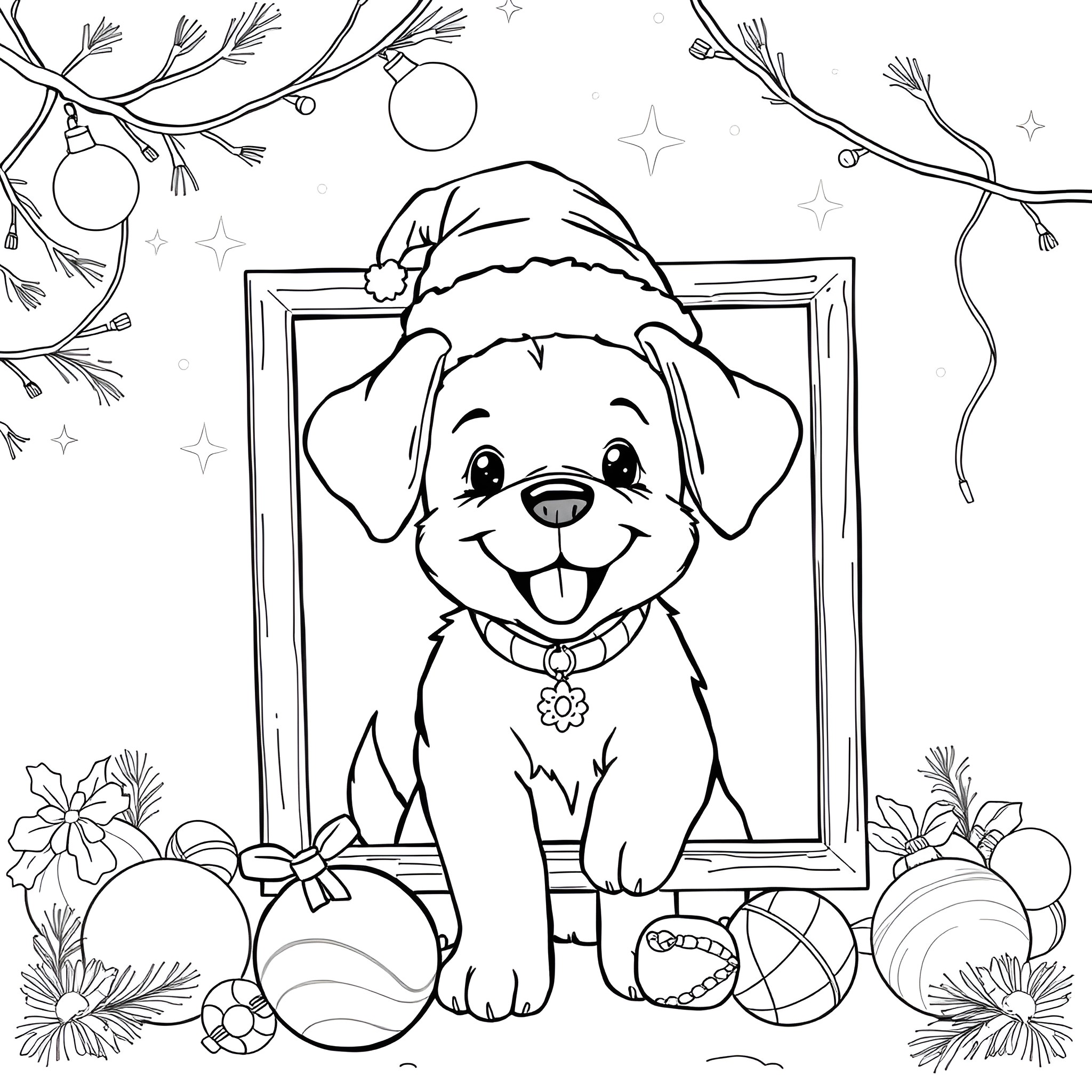 Puppy in a Christmas frame with ornaments Coloring Page (free black-and-white line drawing printable PDF for all, from beginners to advanced learners, including children, teens, adults, and seniors)