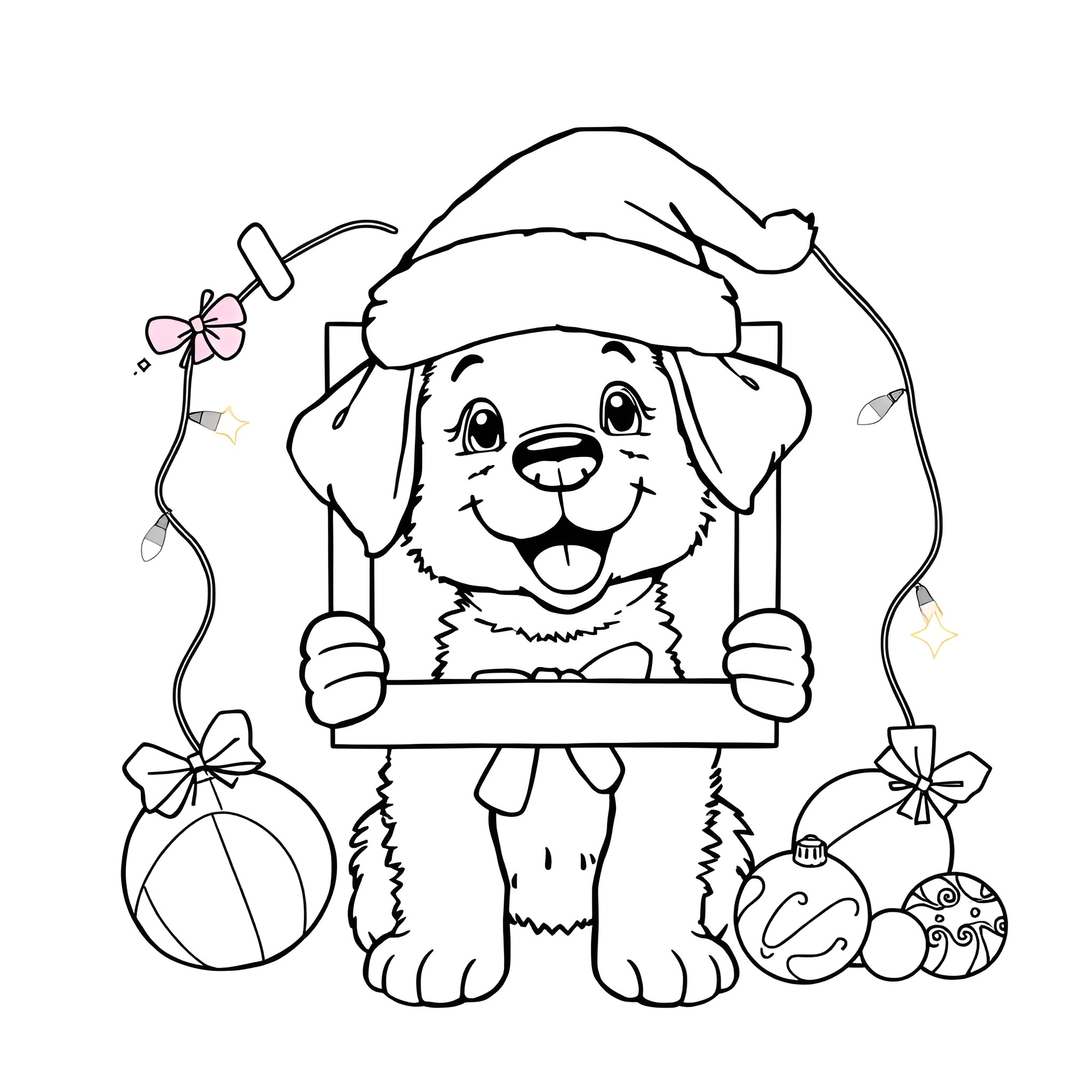 Puppy playing with Christmas decorations Coloring Page (free black-and-white line drawing printable PDF for all, from beginners to advanced learners, including children, teens, adults, and seniors)