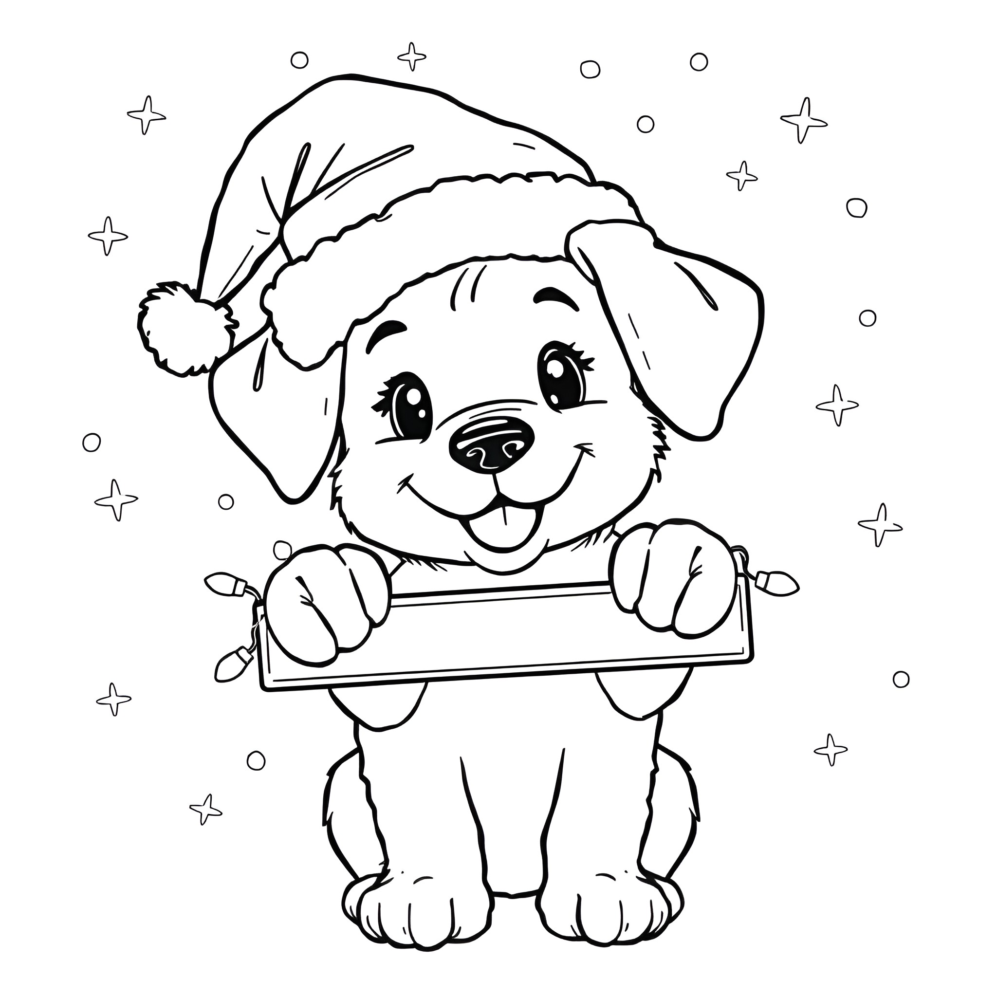 Puppy wearing Santa hat peering from behind Coloring Page (free black-and-white line drawing printable PDF for all, from beginners to advanced learners, including children, teens, adults, and seniors)