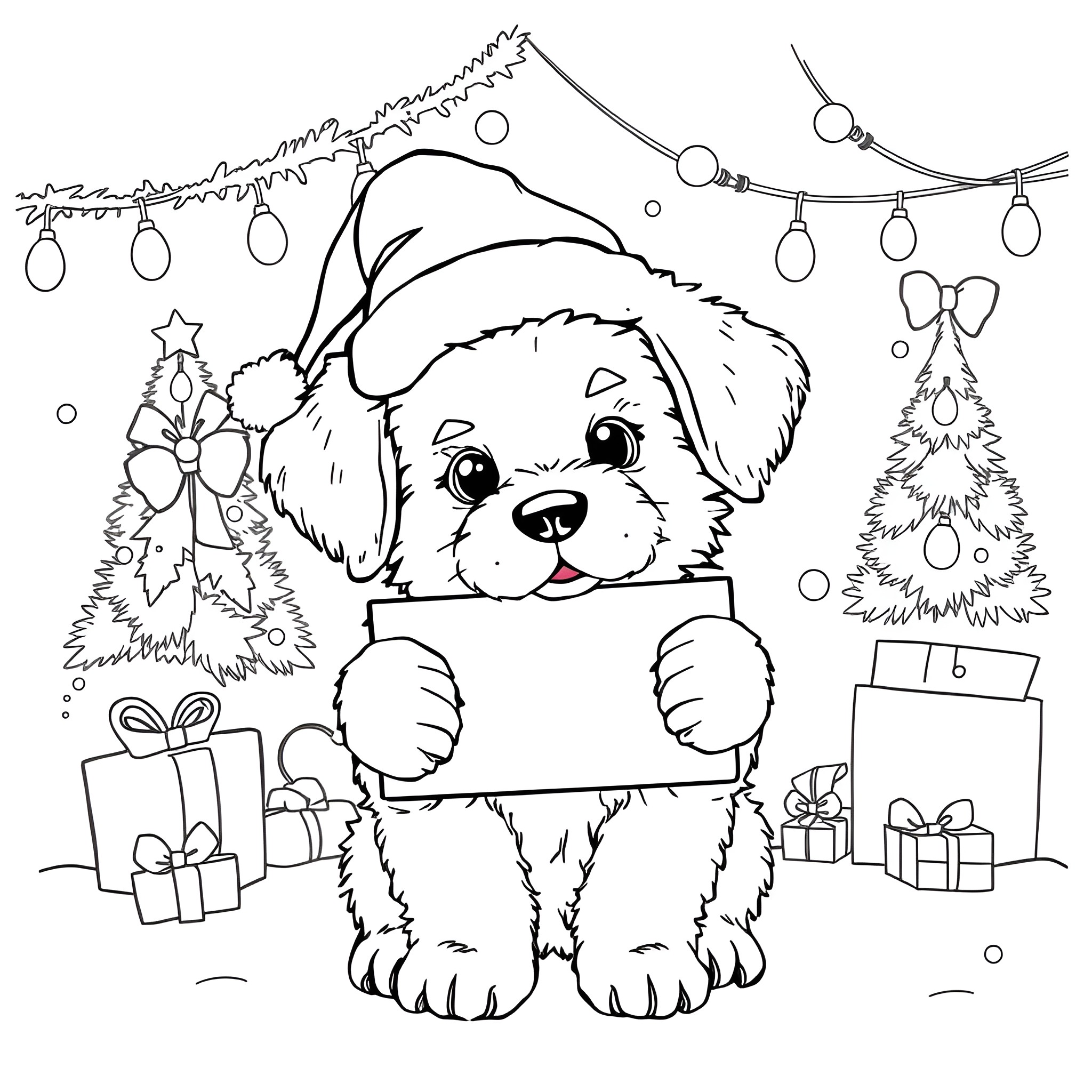 Puppy peeking out with holiday decor Coloring Page (free black-and-white line drawing printable PDF for all, from beginners to advanced learners, including children, teens, adults, and seniors)