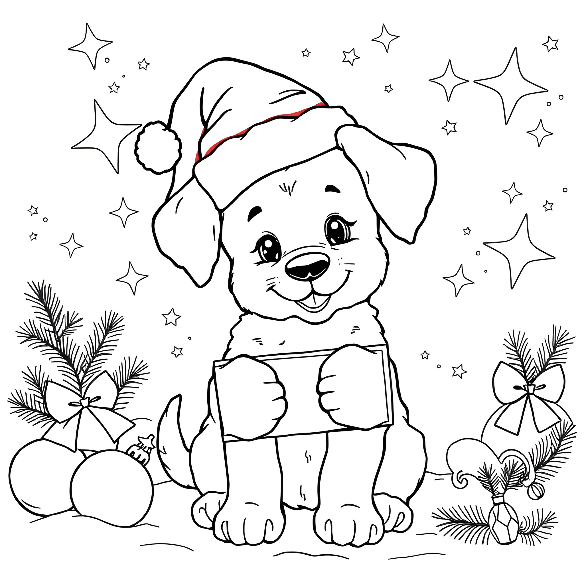 Puppy wearing Santa hat enjoying the Christmas scenery Coloring Page (free black-and-white line drawing printable PDF for all, from beginners to advanced learners, including children, teens, adults, and seniors)
