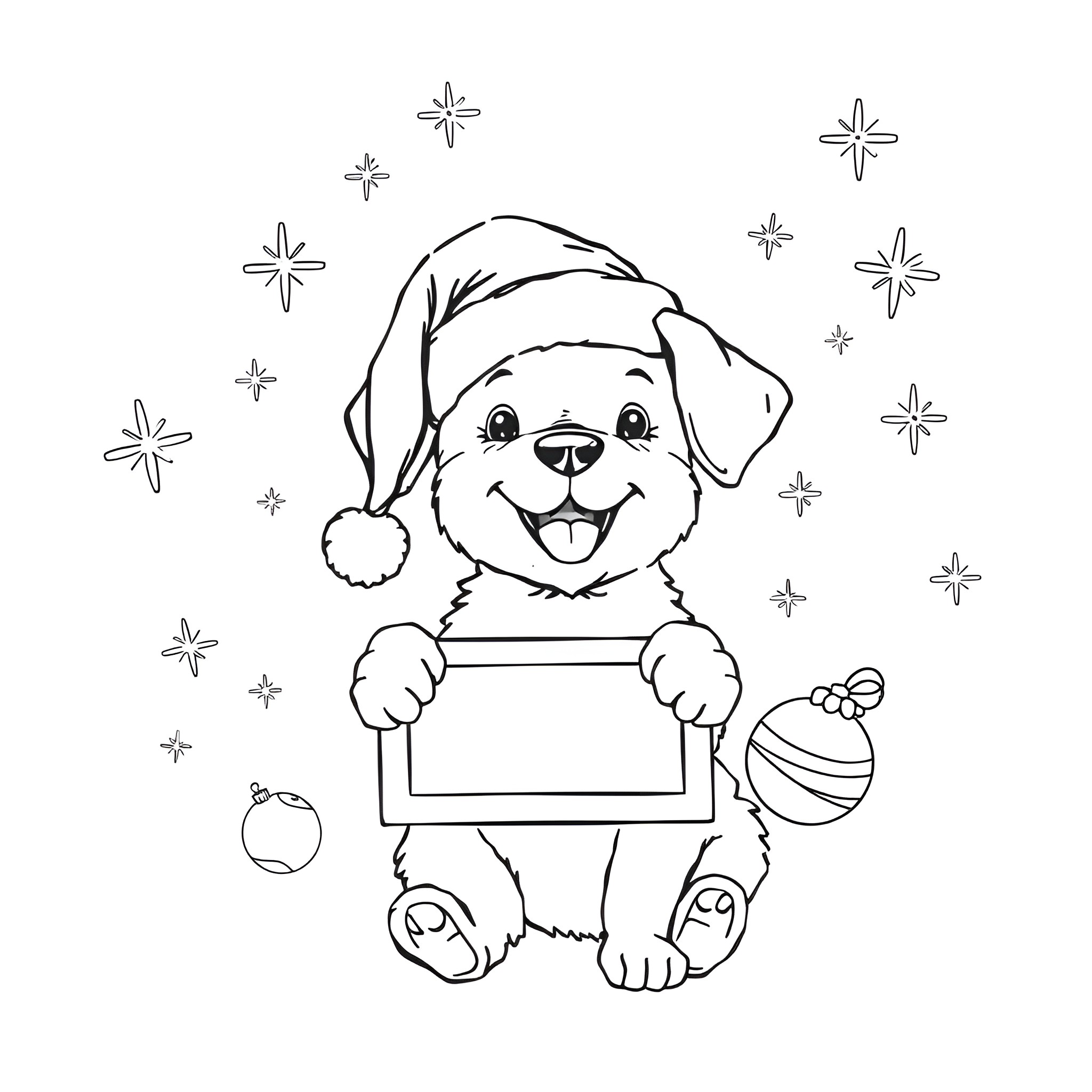 Puppy holding a coloring page with festive decorations Coloring Page (free black-and-white line drawing printable PDF for all, from beginners to advanced learners, including children, teens, adults, and seniors)