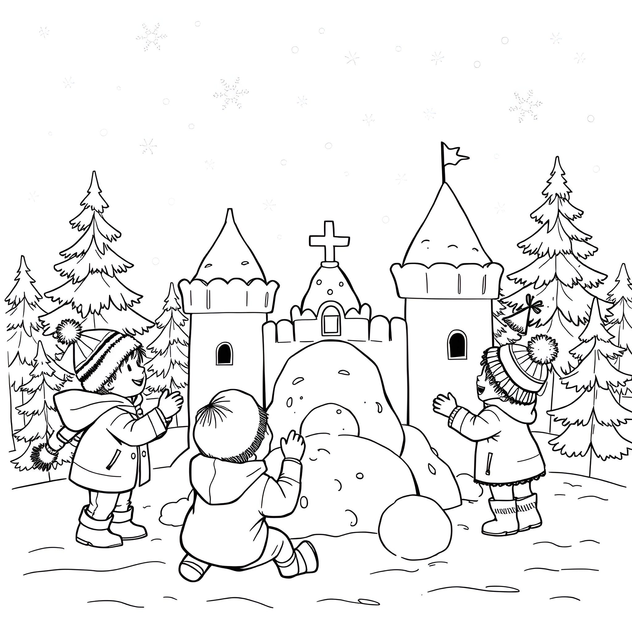 Child building a snowman with friends in a winter wonderland Coloring Page (free black-and-white line drawing printable PDF for all, from beginners to advanced learners, including children, teens, adults, and seniors)
