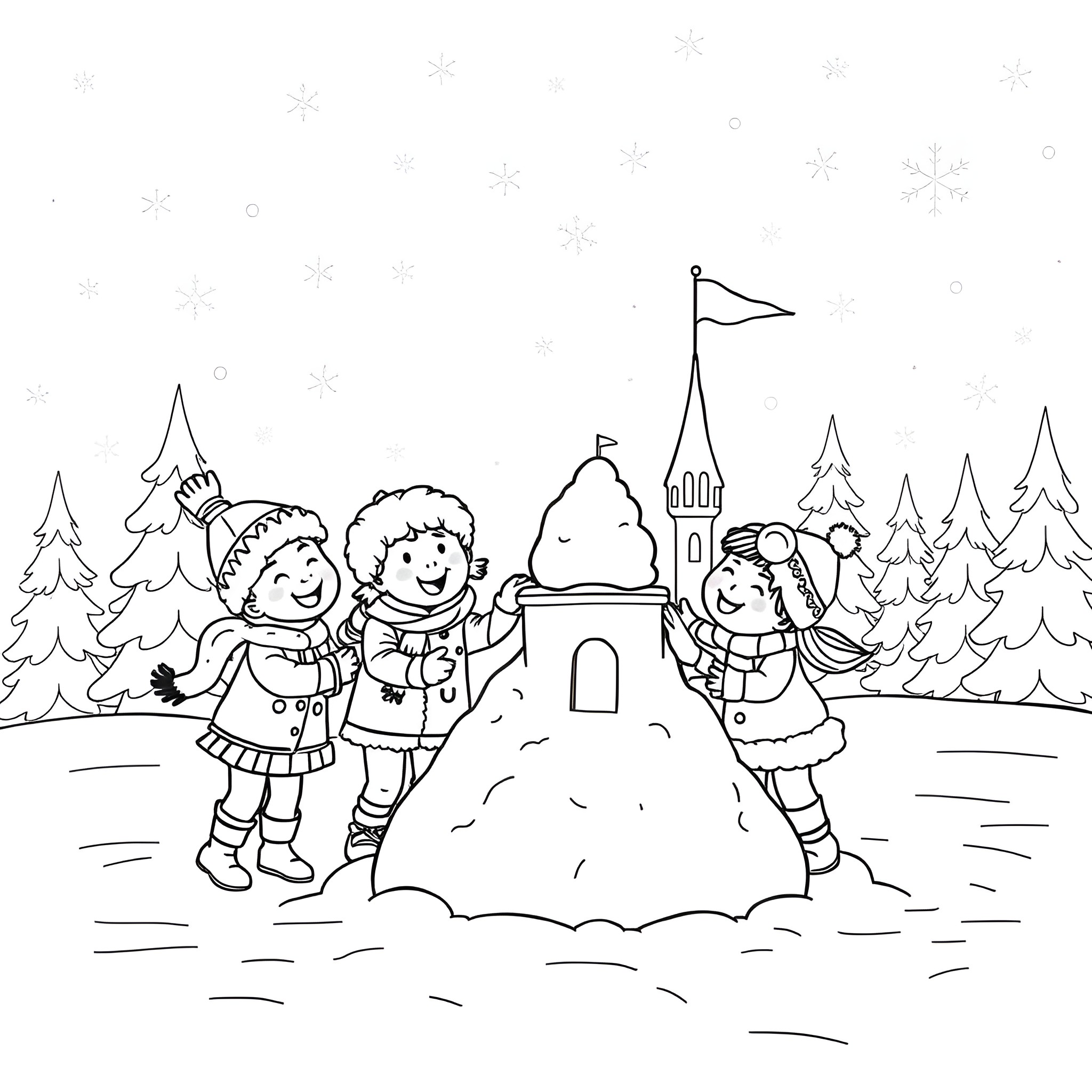 Children playing in the snow with a snowman Coloring Page (free black-and-white line drawing printable PDF for all, from beginners to advanced learners, including children, teens, adults, and seniors)
