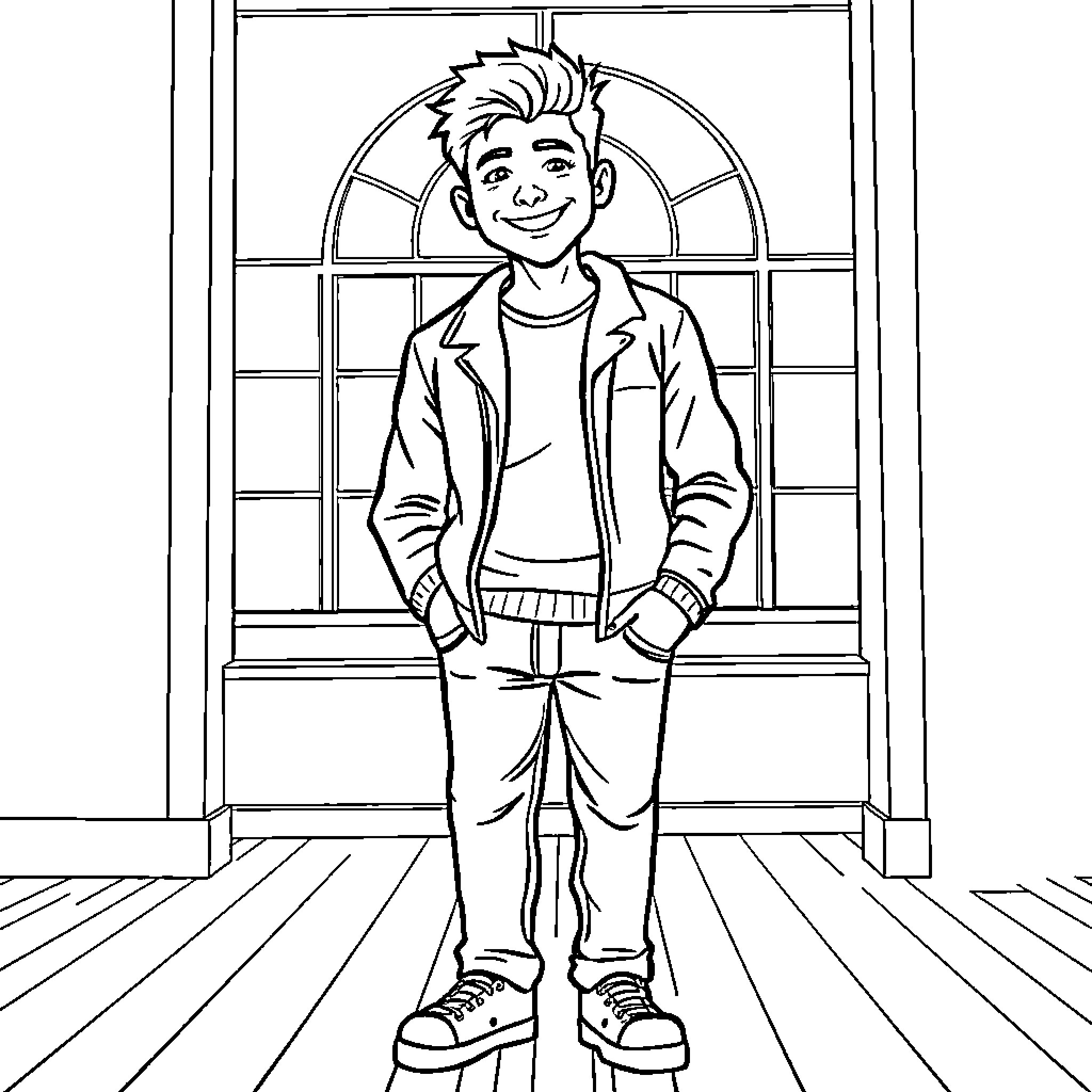 Me standing confidently in front of a window Coloring Page (free black-and-white line drawing printable PDF for all, from beginners to advanced learners, including children, teens, adults, and seniors)
