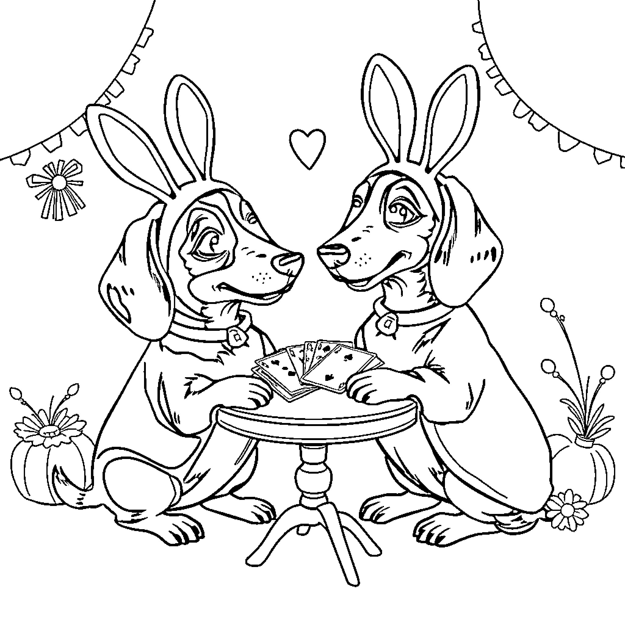 Dachshund rabbits playing games together Coloring Page (free black-and-white line drawing printable PDF for all, from beginners to advanced learners, including children, teens, adults, and seniors)