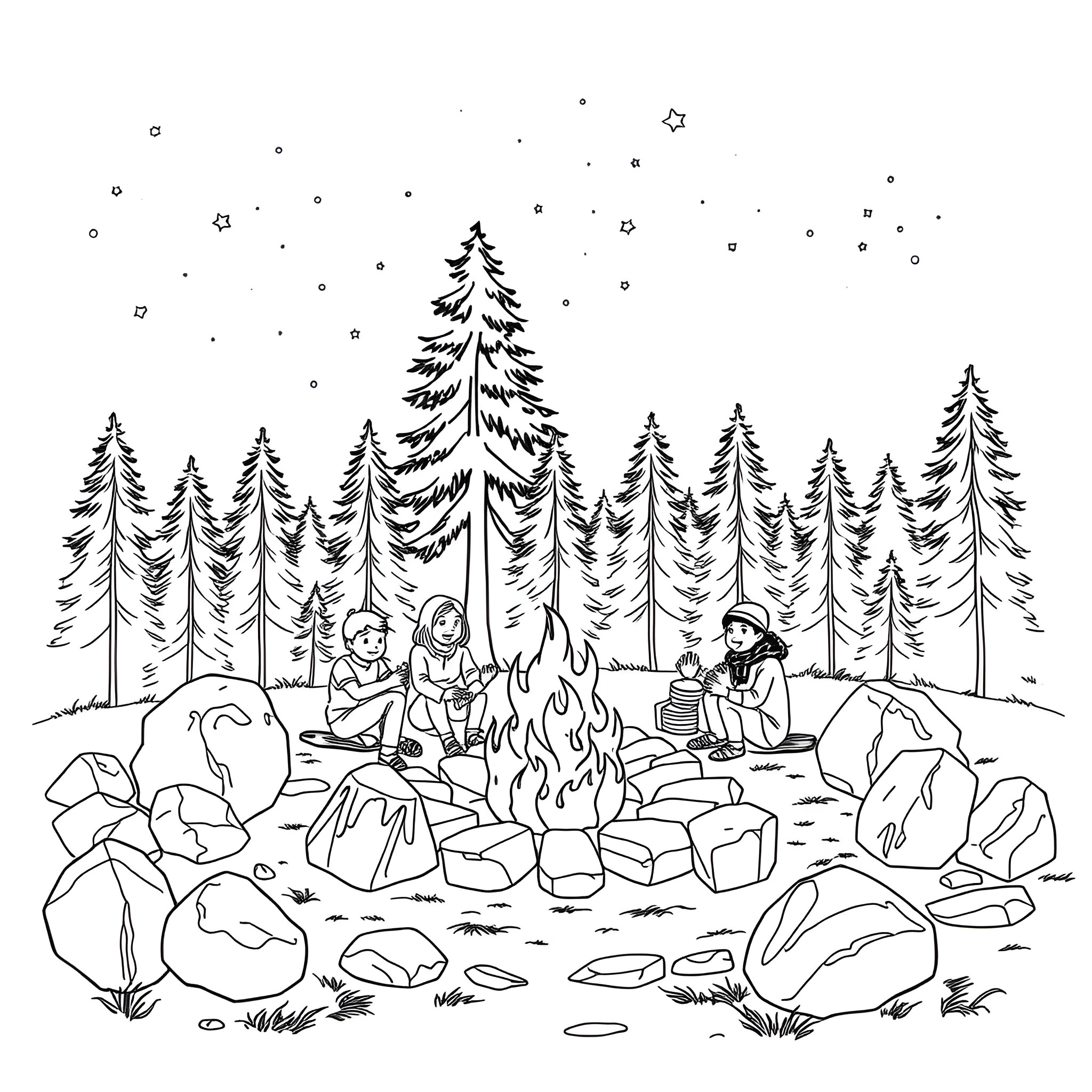 Campfire gathering in the snowy forest Coloring Page (free black-and-white line drawing printable PDF for all, from beginners to advanced learners, including children, teens, adults, and seniors)