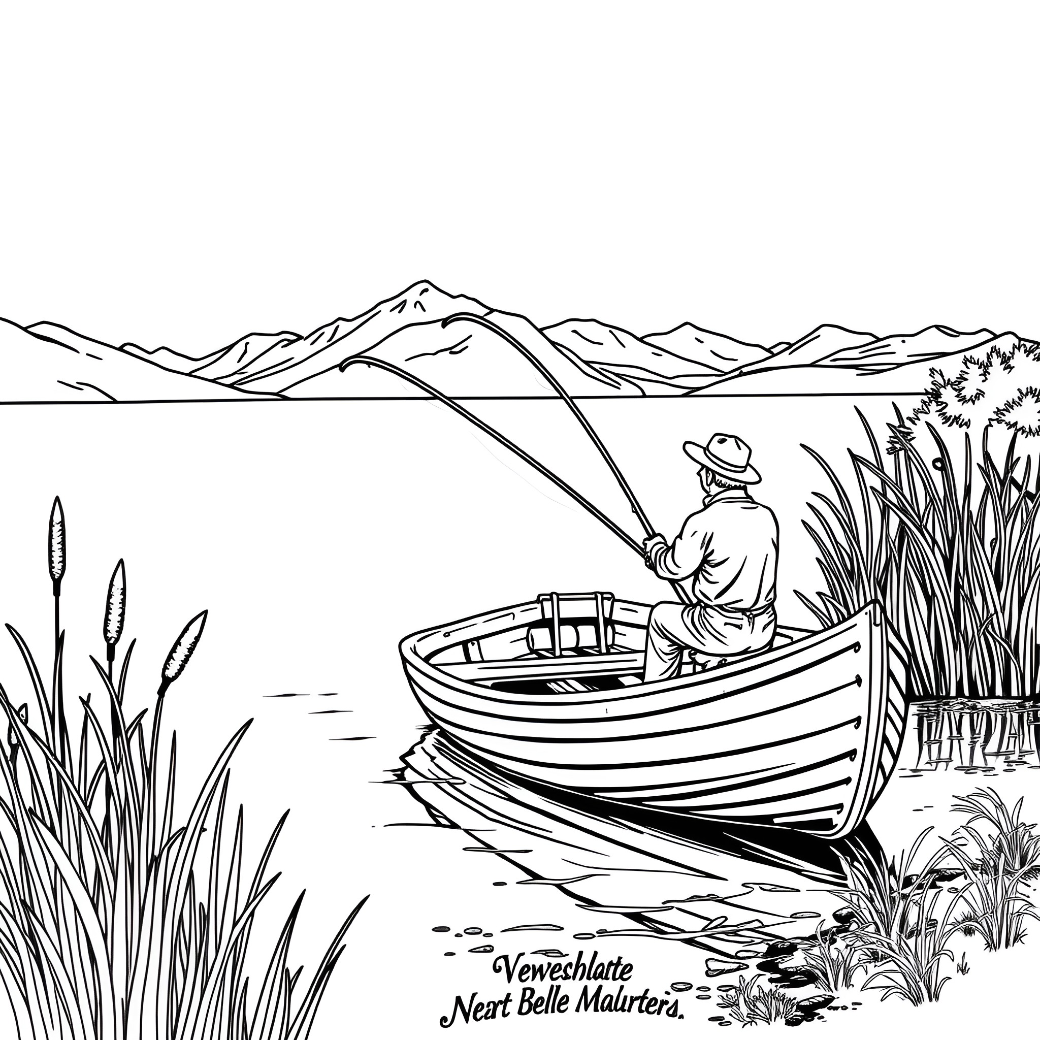 Fishing at the Scenic Mountain Lake Coloring Page (free black-and-white line drawing printable PDF for all, from beginners to advanced learners, including children, teens, adults, and seniors)