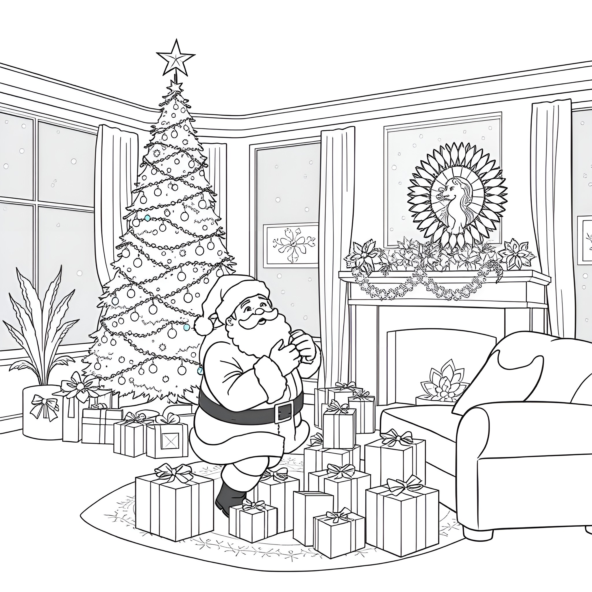 Christmas Tree with Santa and Gifts in Living Room Coloring Page (free black-and-white line drawing printable PDF for all, from beginners to advanced learners, including children, teens, adults, and seniors)