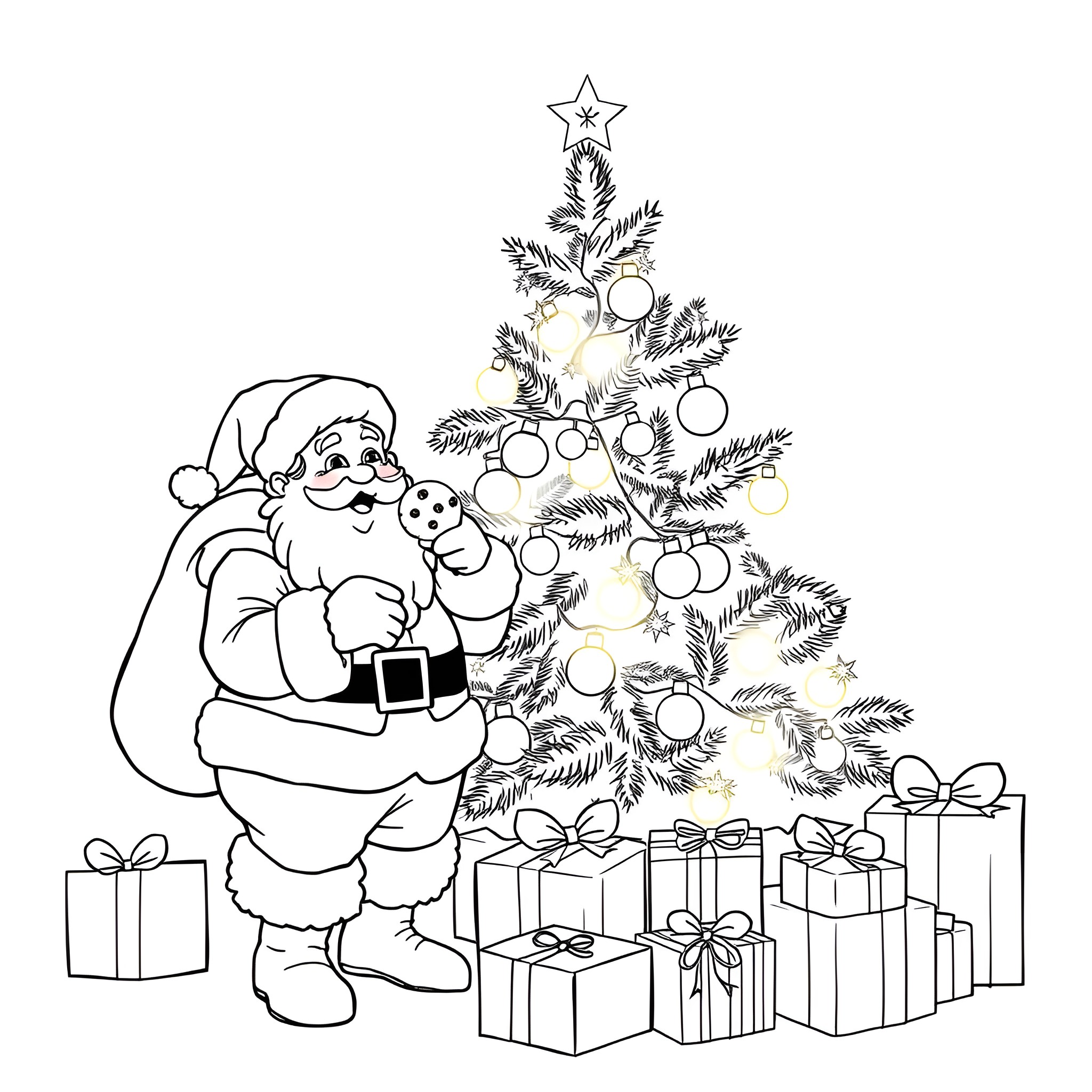 Christmas Tree with Jolly Santa and Gifts Coloring Page (free black-and-white line drawing printable PDF for all, from beginners to advanced learners, including children, teens, adults, and seniors)