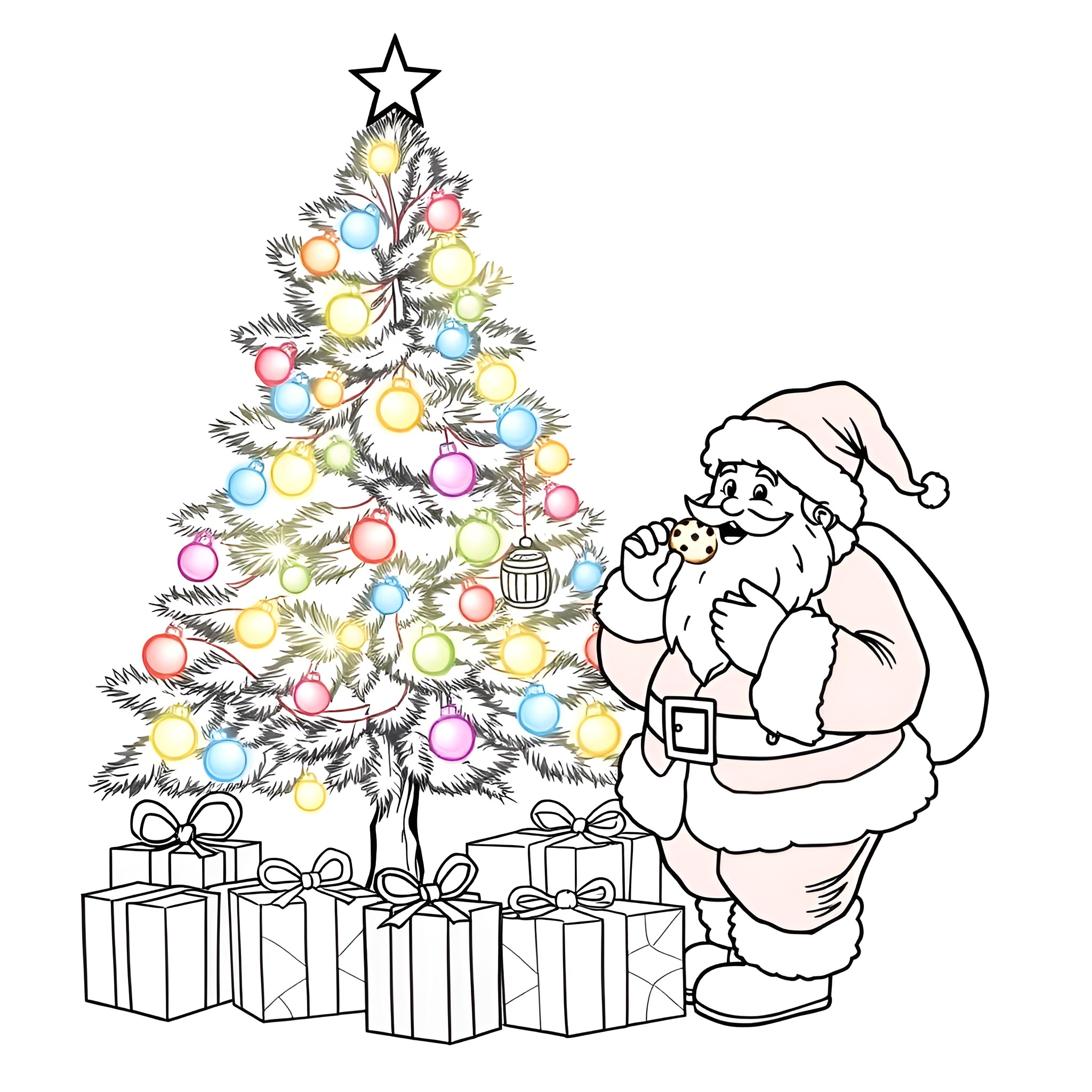 Christmas Tree Decorated with Santa Claus and Presents Coloring Page (free black-and-white line drawing printable PDF for all, from beginners to advanced learners, including children, teens, adults, and seniors)